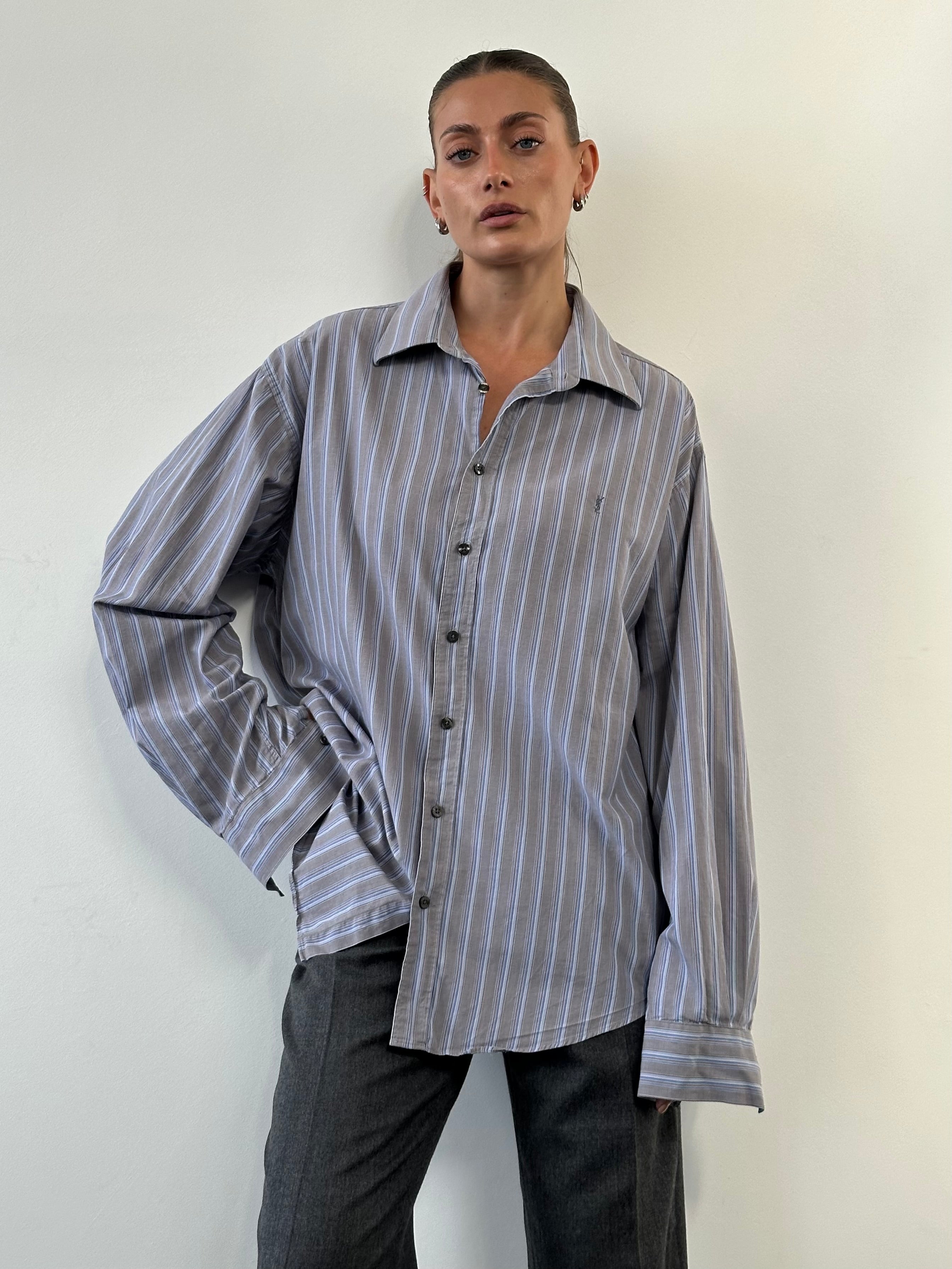 Yves Saint Laurent Pour Homme stripe pure cotton logo shirt in XL/XXL, featuring a classic design with brand logo and button-front detail.