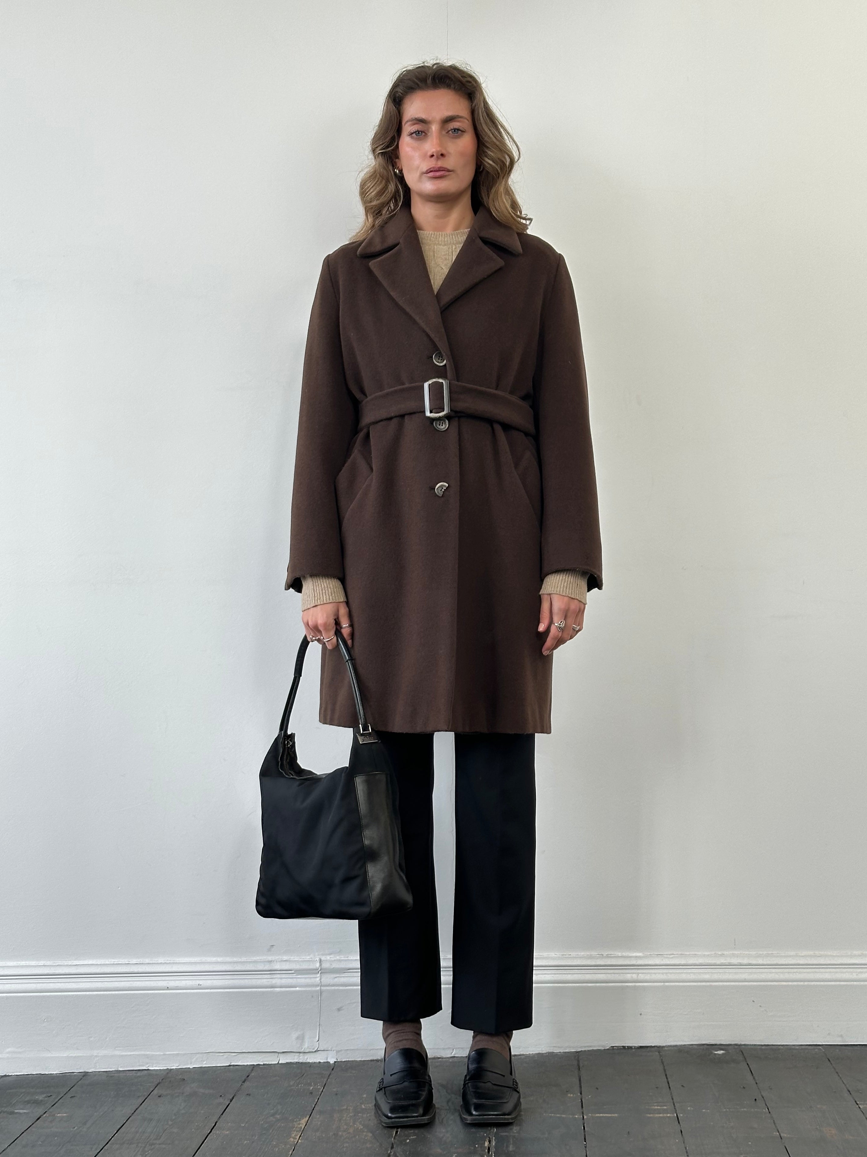 Marella virgin wool single-breasted belted coat in neutral color, showing front view with belt and tailored design.
