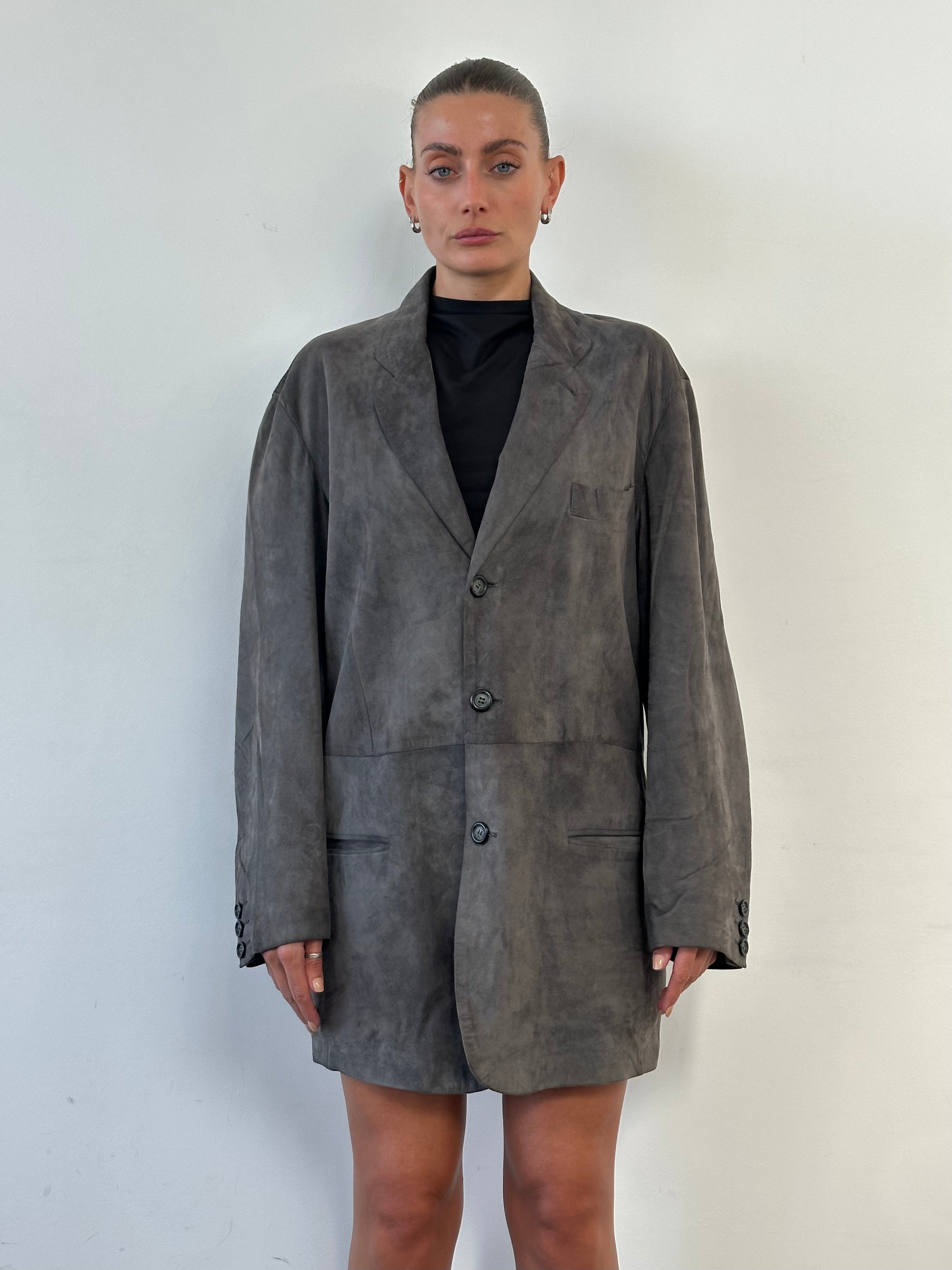 Giorgio Armani Black Label suede blazer jacket in size L, tailored fit with classic lapel and sleek black finish.