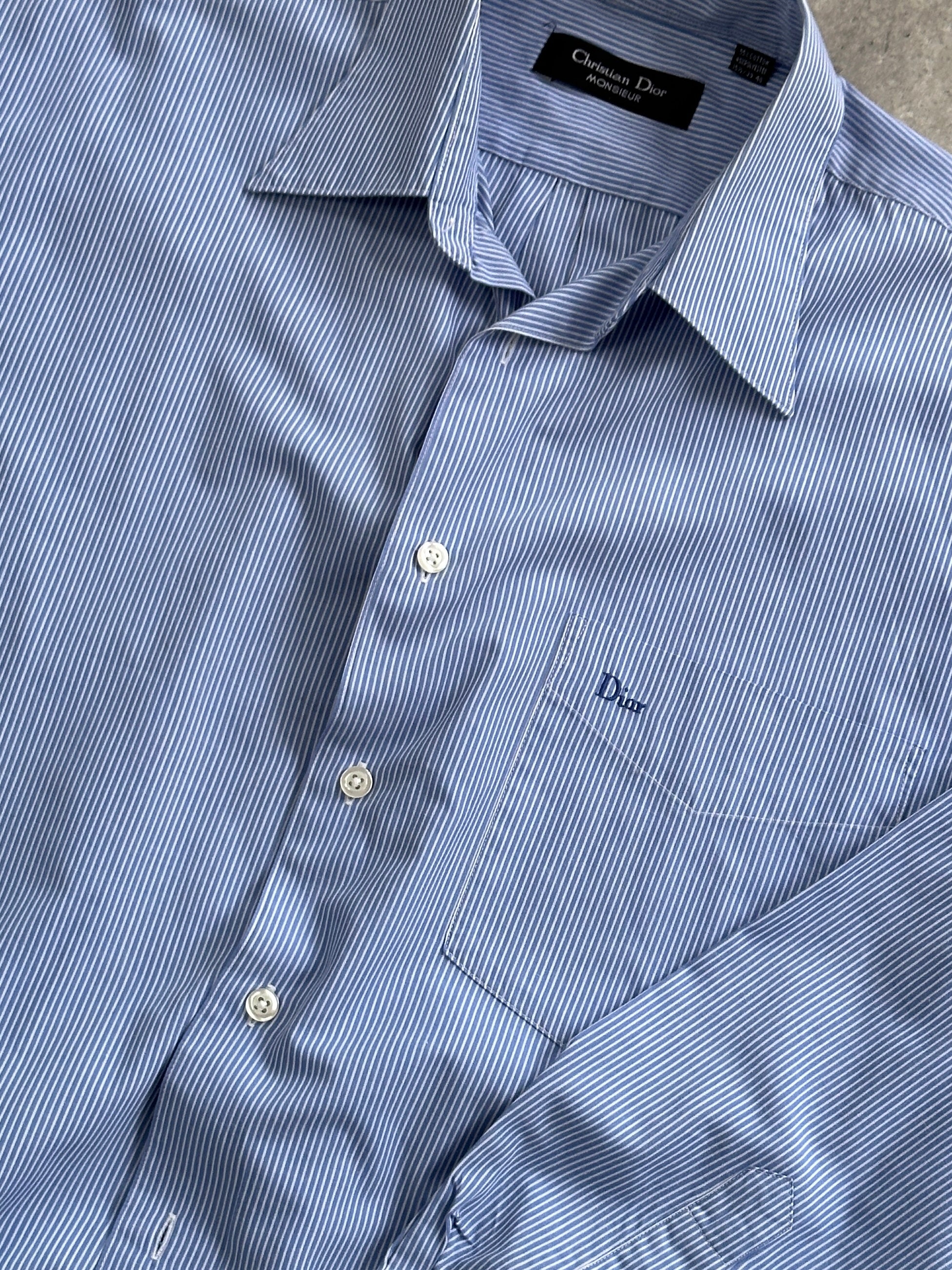 Christian Dior Monsieur cotton stripe logo shirt in M/L, featuring classic blue and white stripes and the Dior logo detail.