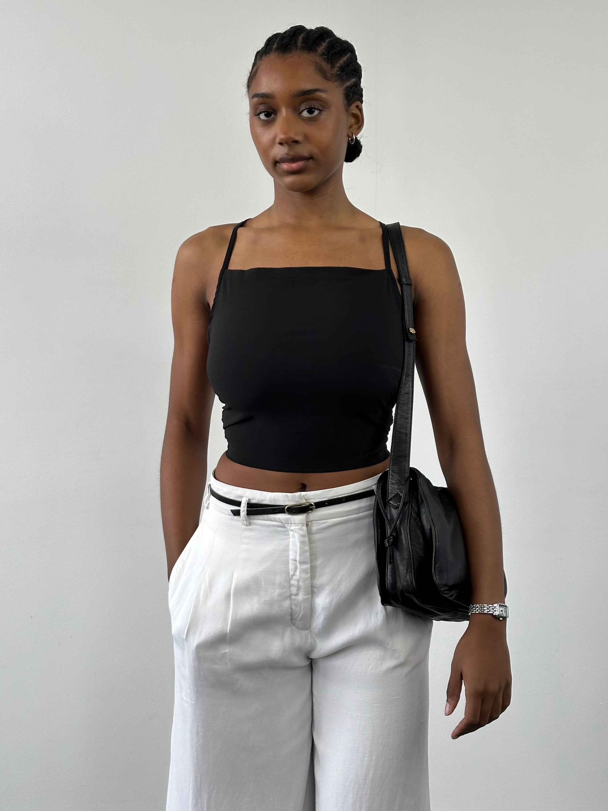 Vintage 2000s viscose back strap cropped top, stylish S/M fit, featuring a retro design and fitted silhouette.