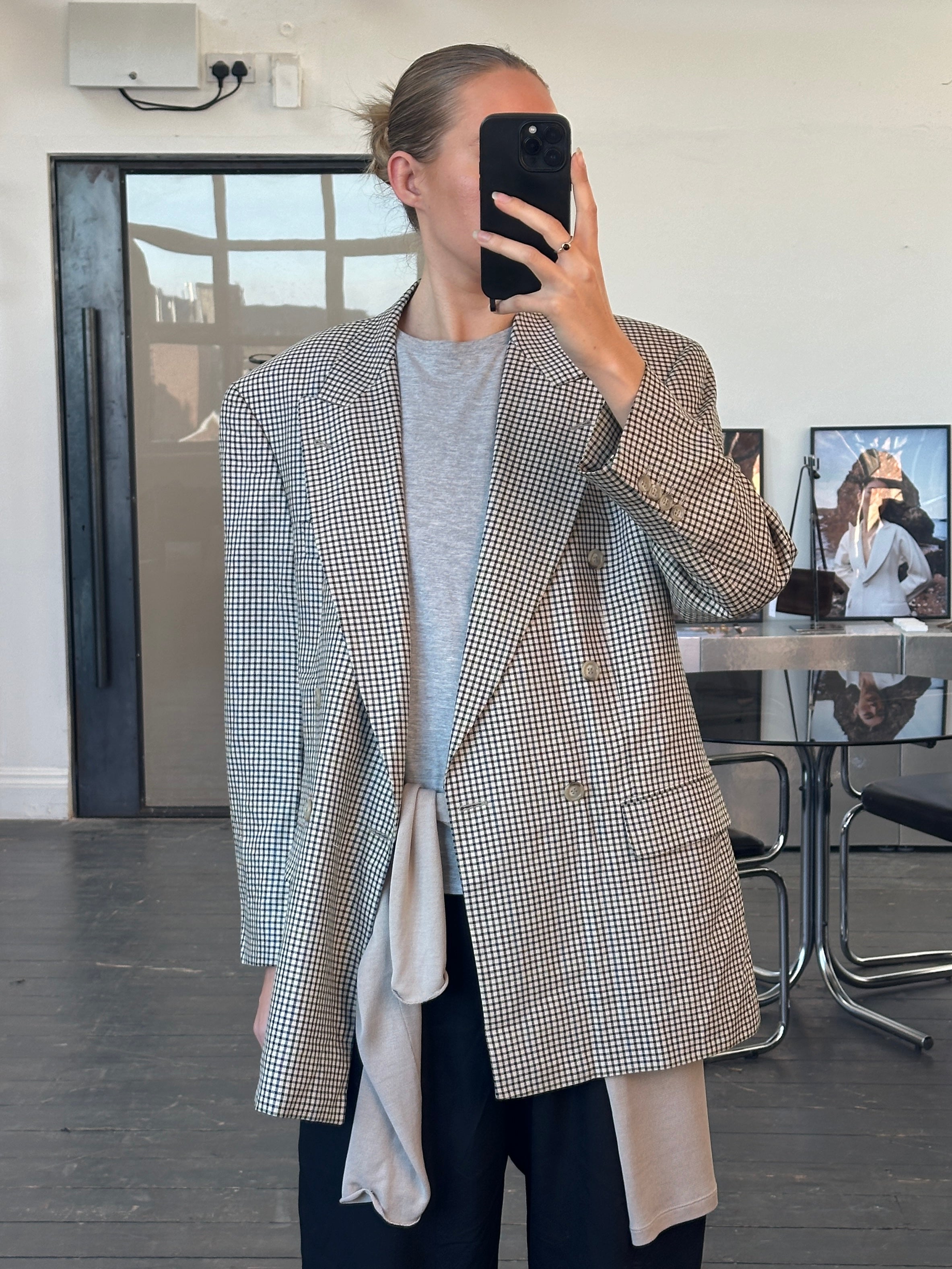 Yves Saint Laurent Pour Homme 1990s wool check double-breasted blazer in size 40R/XL, featuring a classic tailored fit.