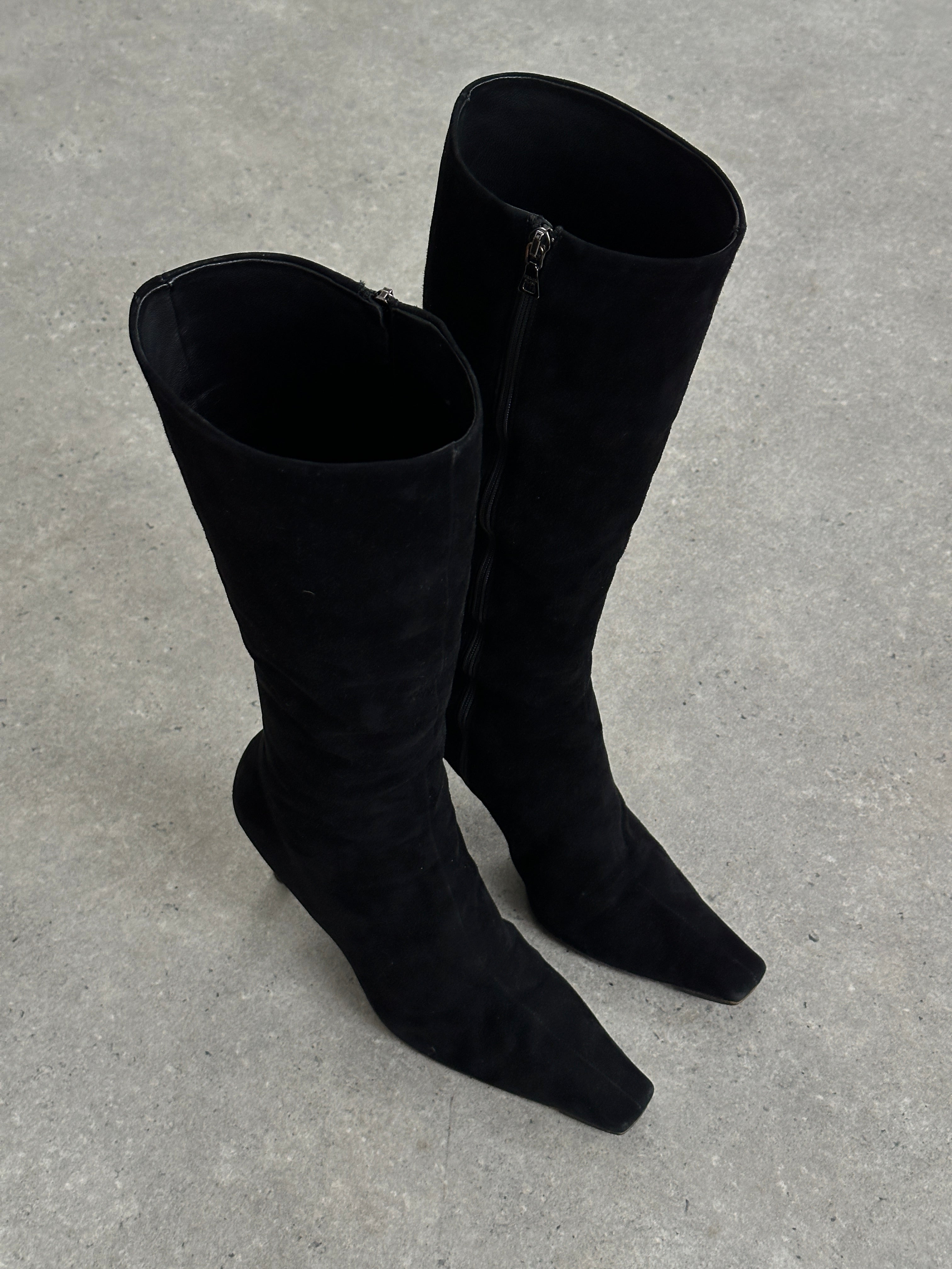 Prada Square Toe Suede Heeled Knee Boots UK 7.5 EU 40.5 Black 7.5