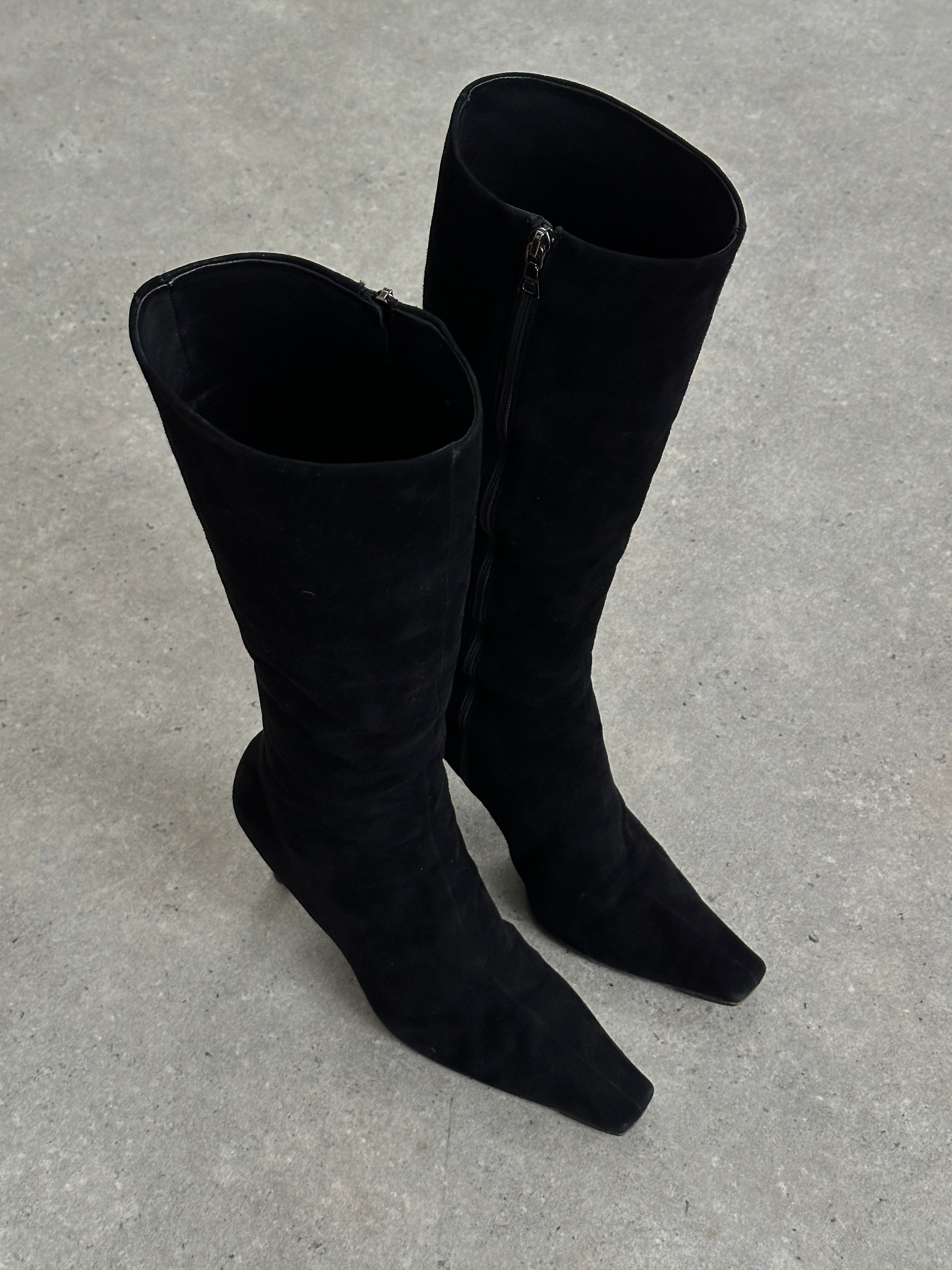 Prada 2000s suede square toe heeled knee boots in UK 7.5, featuring sleek design and tall heel on a neutral background.