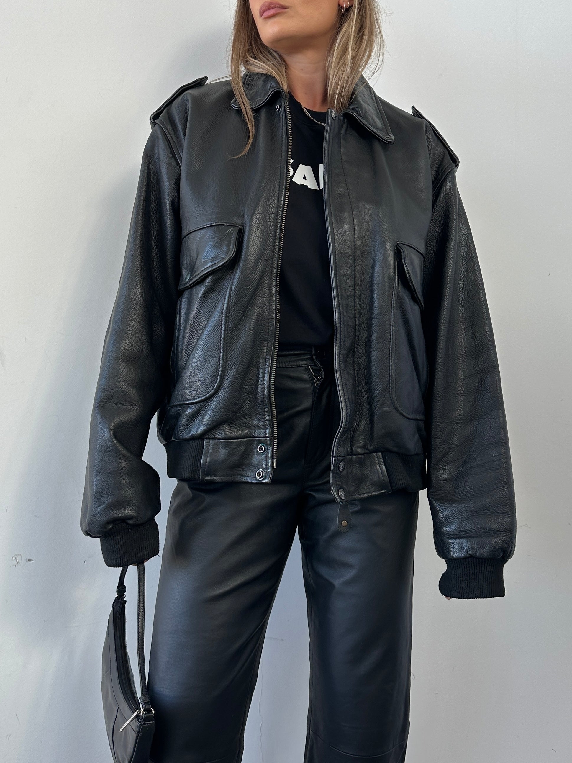 Bomb Boogie Removable Borg Lining Leather Bomber Jacket - XL