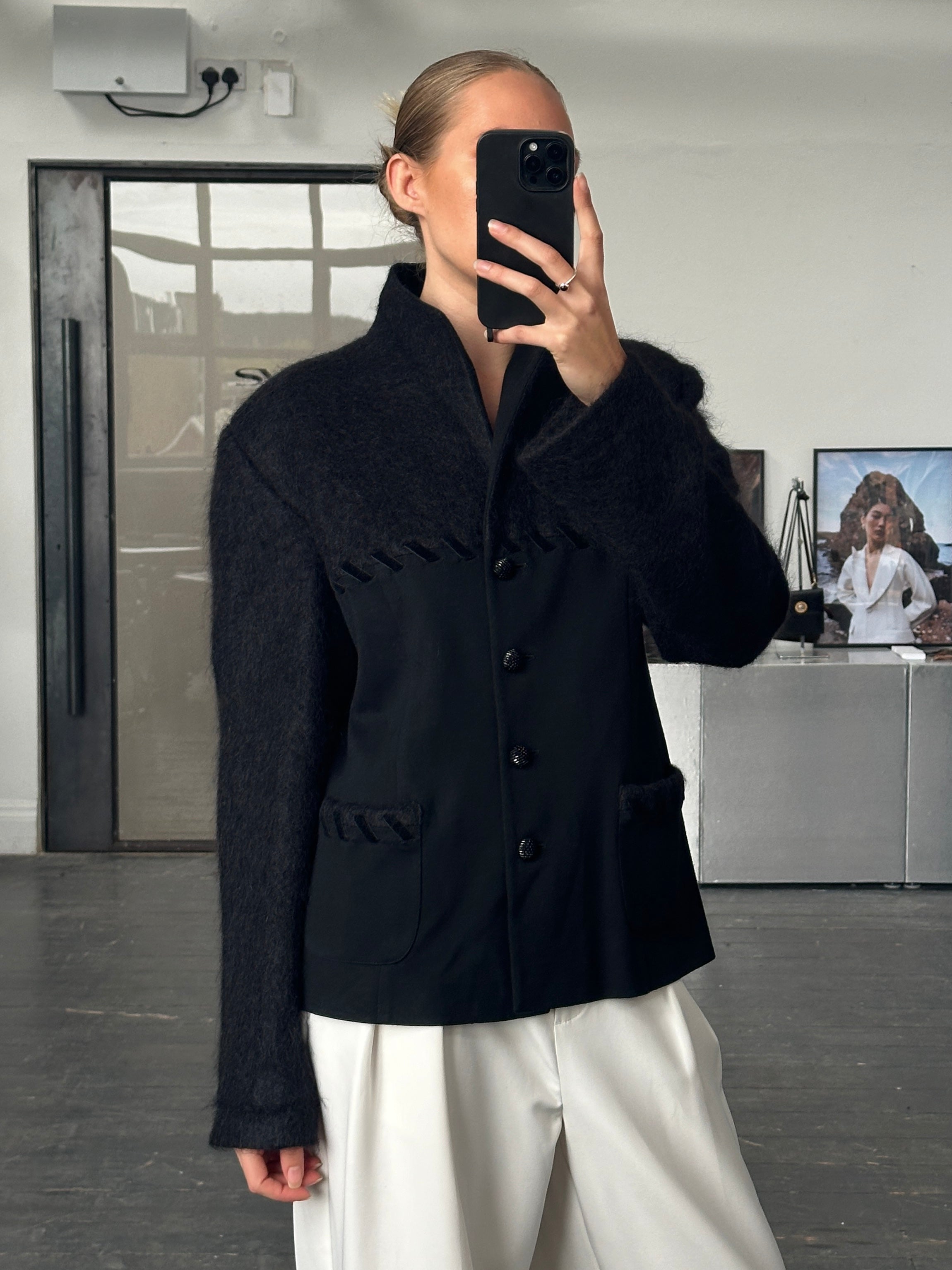 Vintage Italian 1990s mohair wool contrast panel jacket, stylish men's outerwear with textured fabric and unique color blocking.
