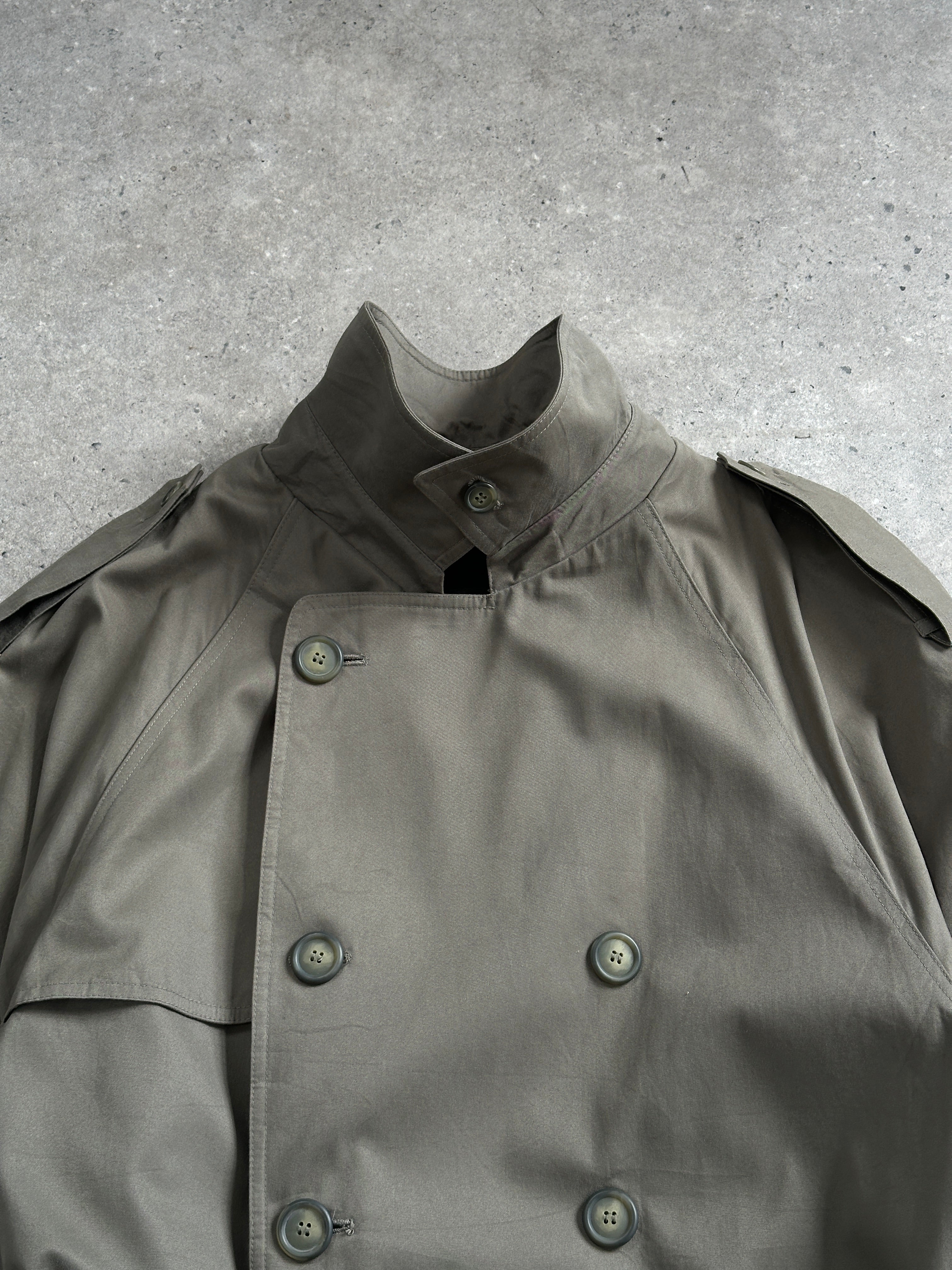 London Fog 1980s high neck belted trench coat in XXL, stylish beige coat with belt and high neckline, vintage outerwear.