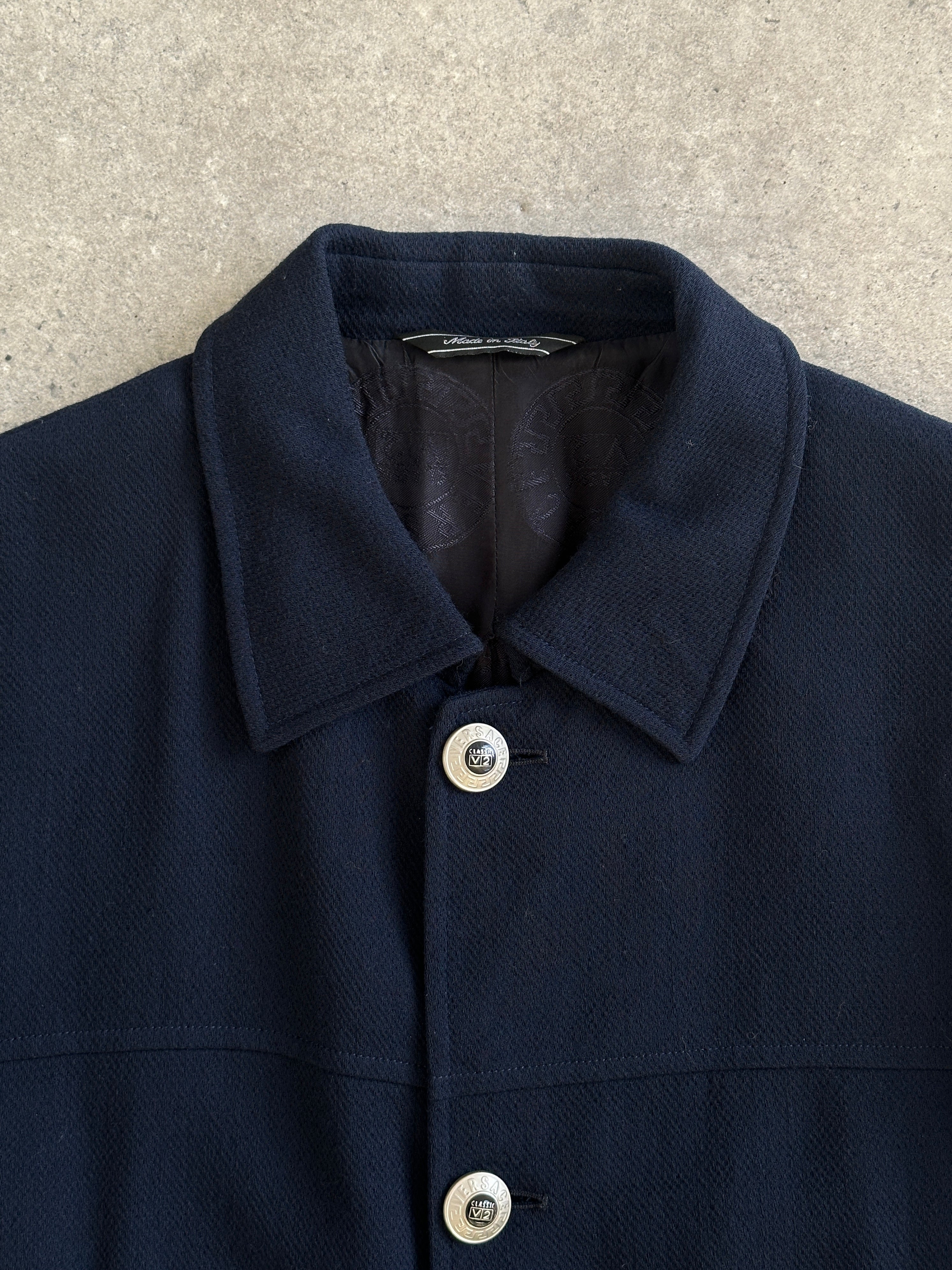 Versace Classic V2 1990s bespoke button pure wool chore jacket in size L, featuring a tailored fit and classic design.