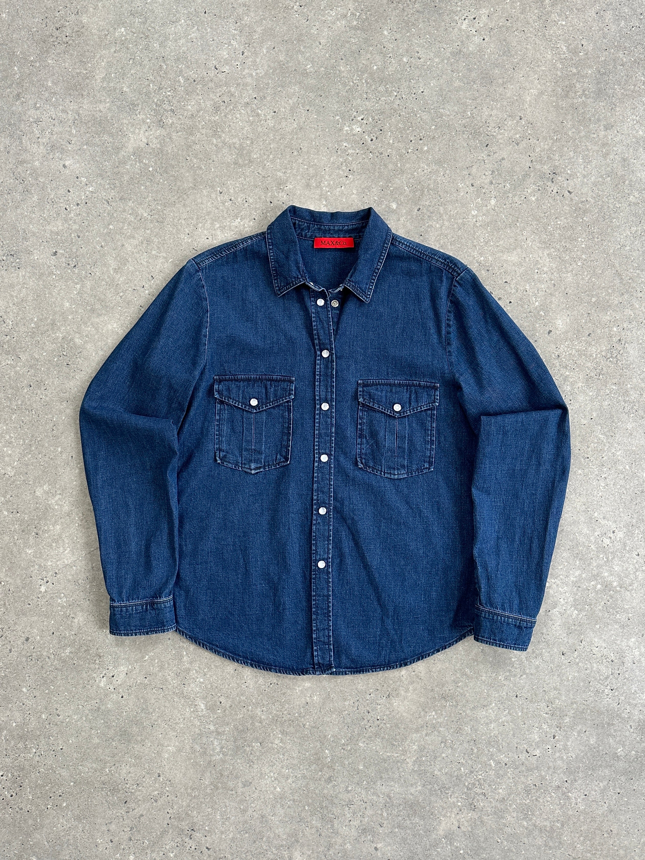 MAX & Co pure cotton denim shirt in S/M size, featuring a classic button-up design with a collar and long sleeves.