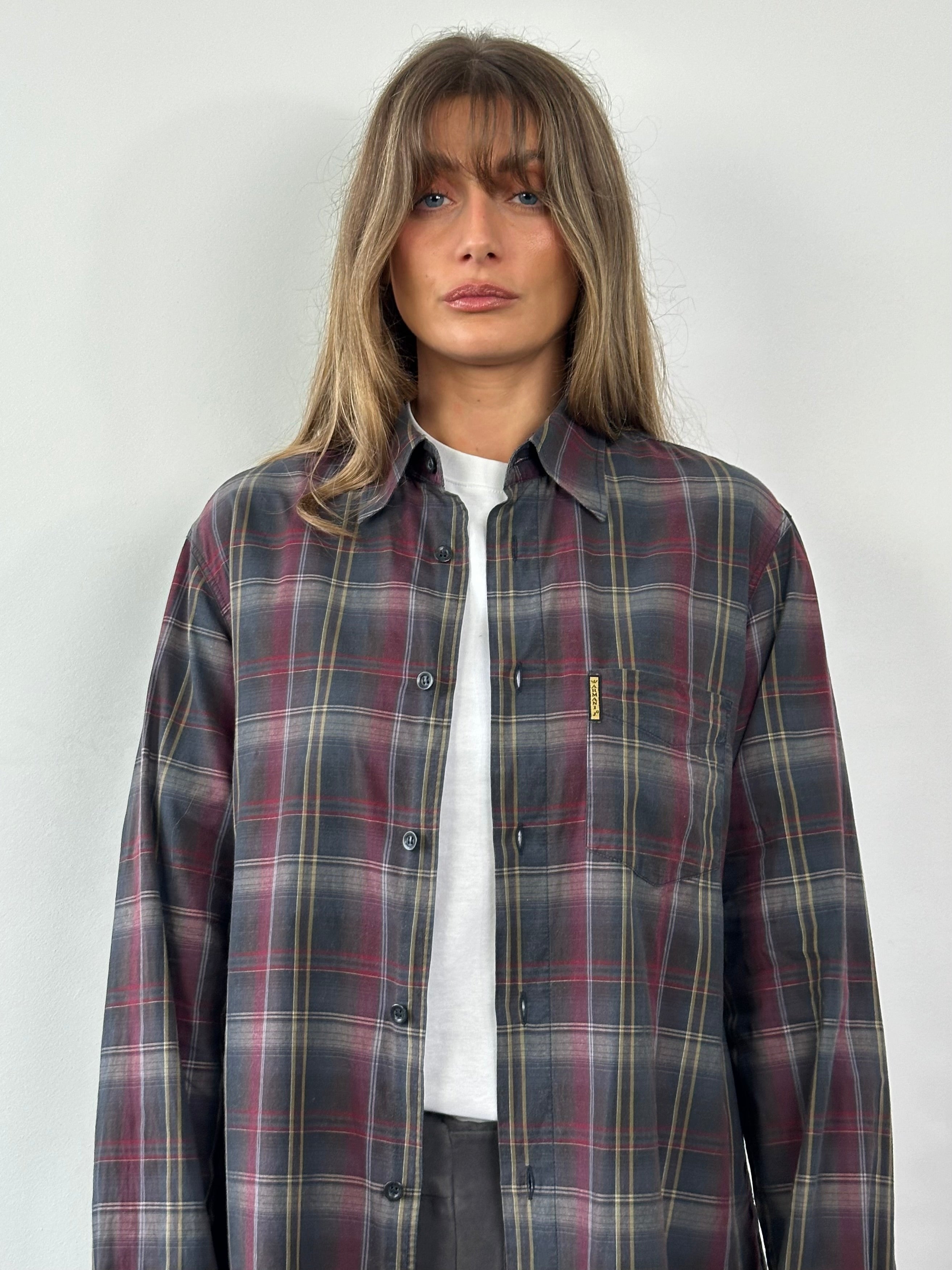 Armani Jeans 2000s check pure cotton flannel logo shirt in size L, featuring a classic plaid pattern and Armani branding.