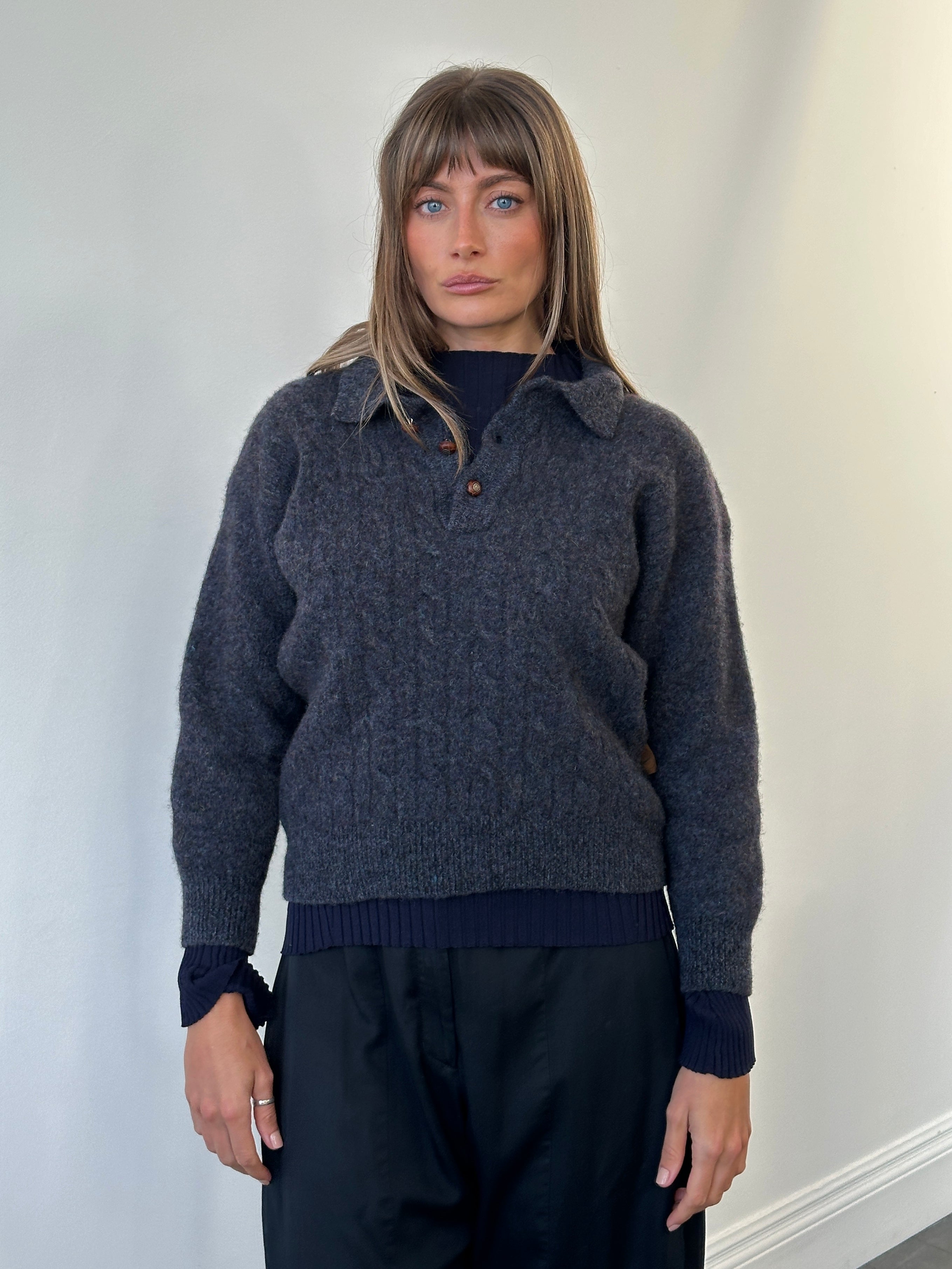Valentino Studio 1990s pure wool bespoke button polo jumper in XS, featuring a classic design and ribbed collar.