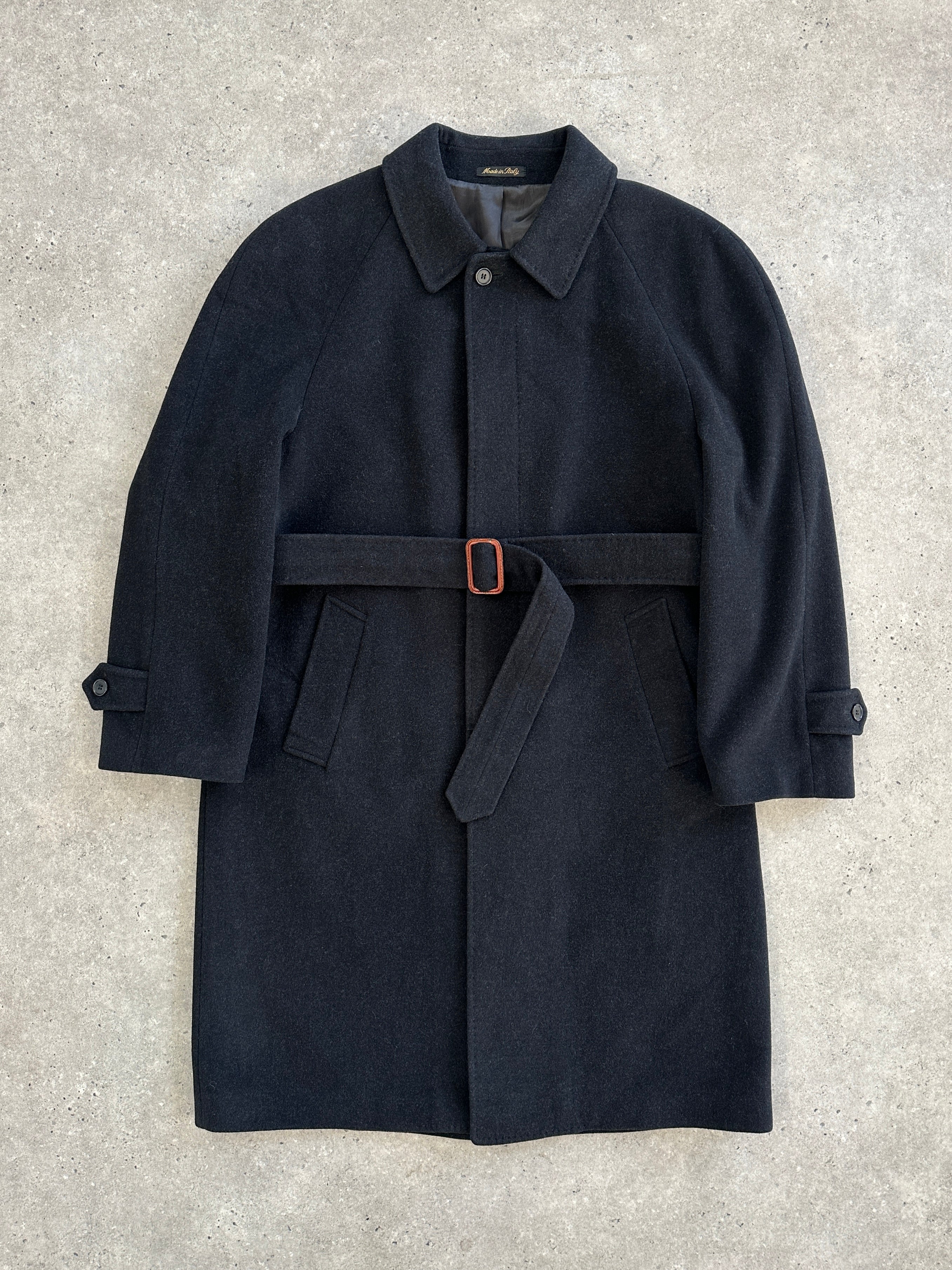 Vintage Italian 1990s wool and cashmere belted coat, XXL size, stylish retro outerwear with classic design and warm fabric.