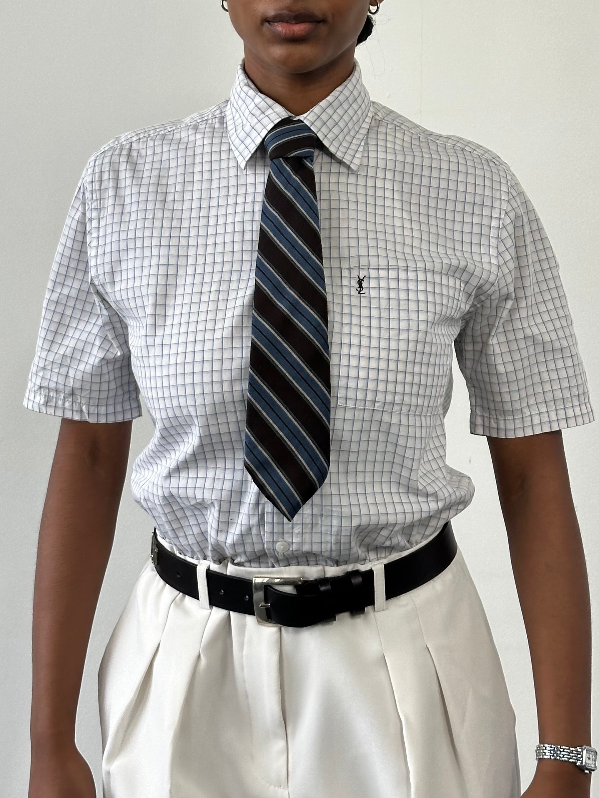 Yves Saint Laurent Pour Homme 1990s check cotton short sleeve shirt in white and black, size S, with classic button details