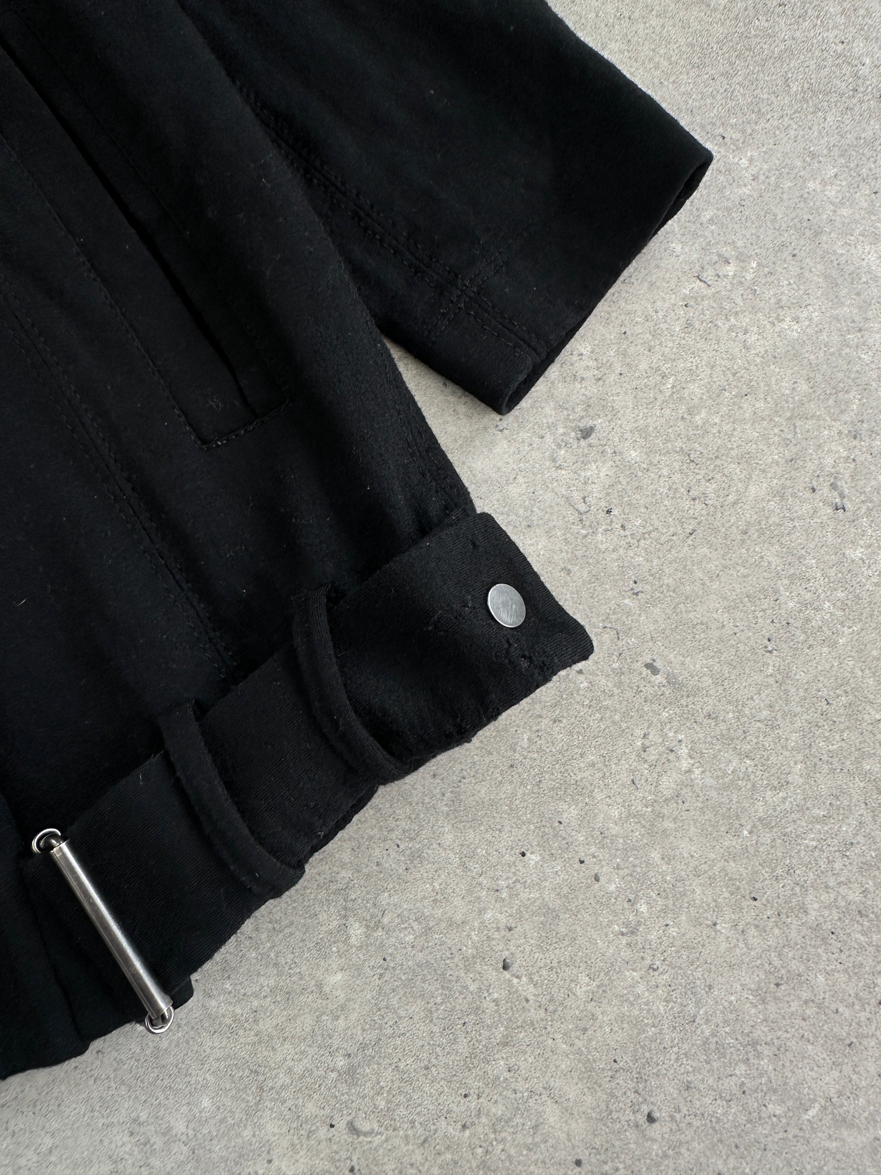 Helmut Lang asymmetric high neck wool belted jacket in black, featuring a stylish high collar and tailored fit.