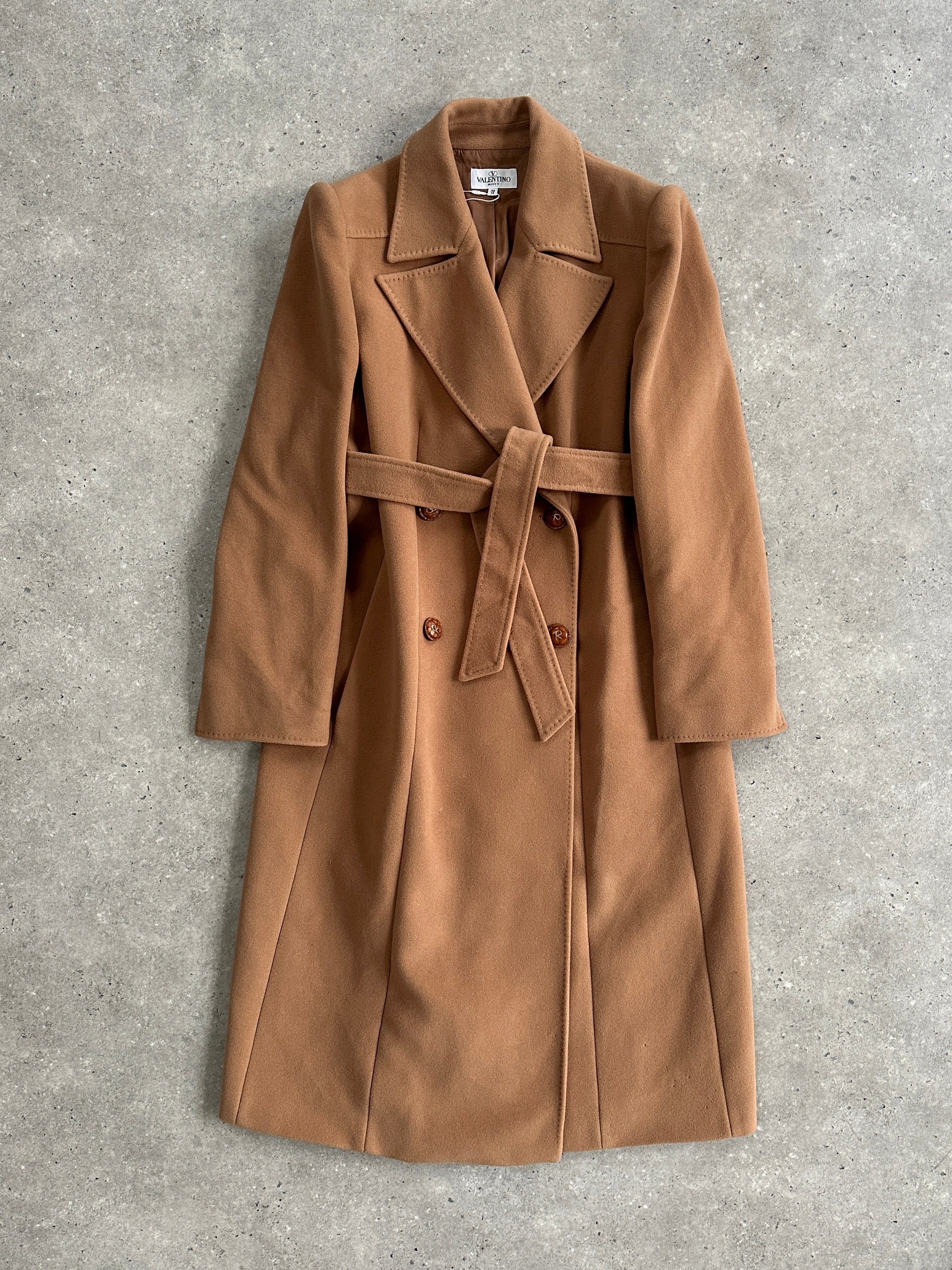 Valentino 1990s pure wool double-breasted belted coat, tailored with bespoke buttons, in size L.