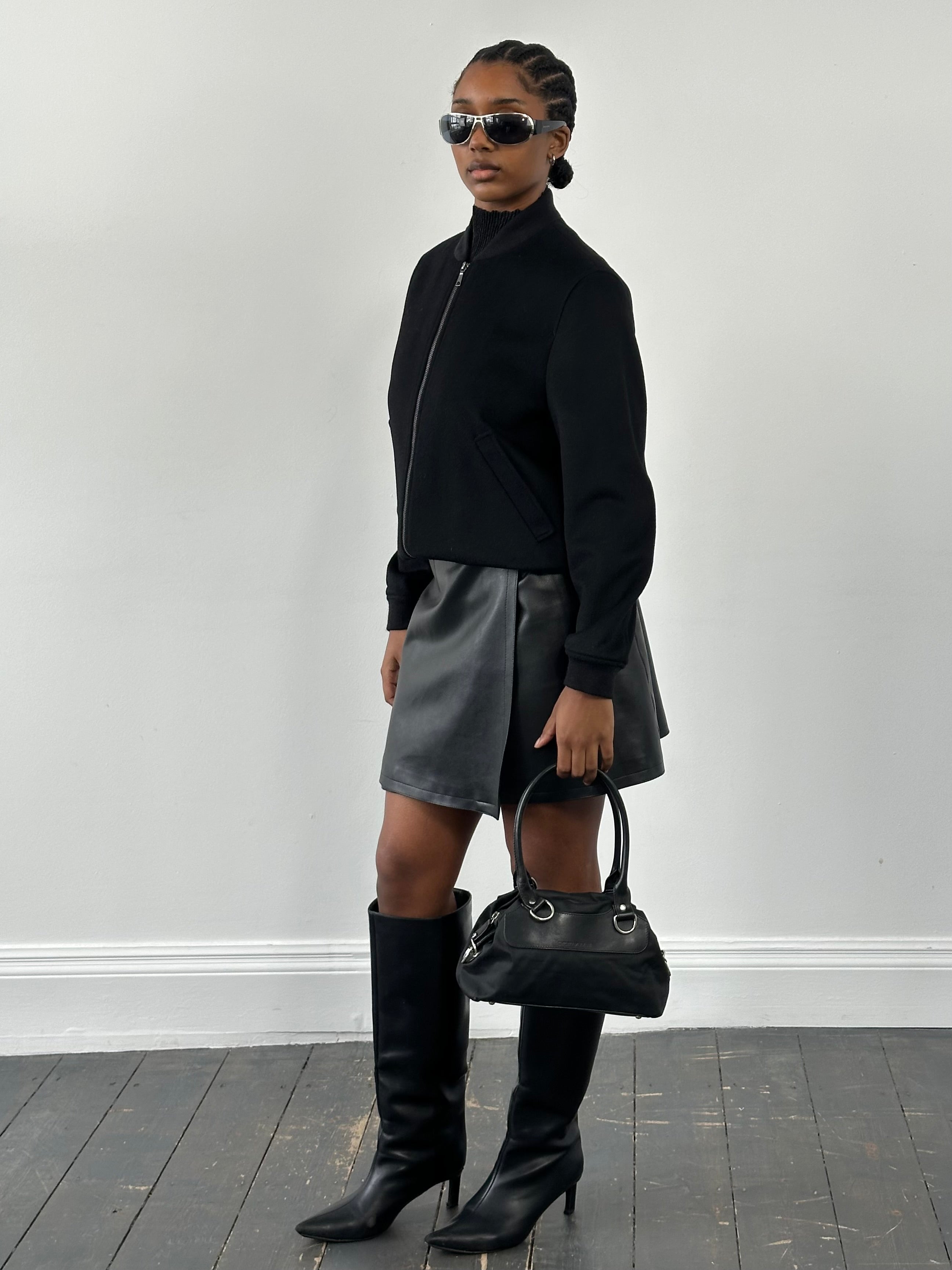 Jaeger minimal pure wool bomber jacket in size S, featuring a sleek design and classic bomber style in neutral tones.