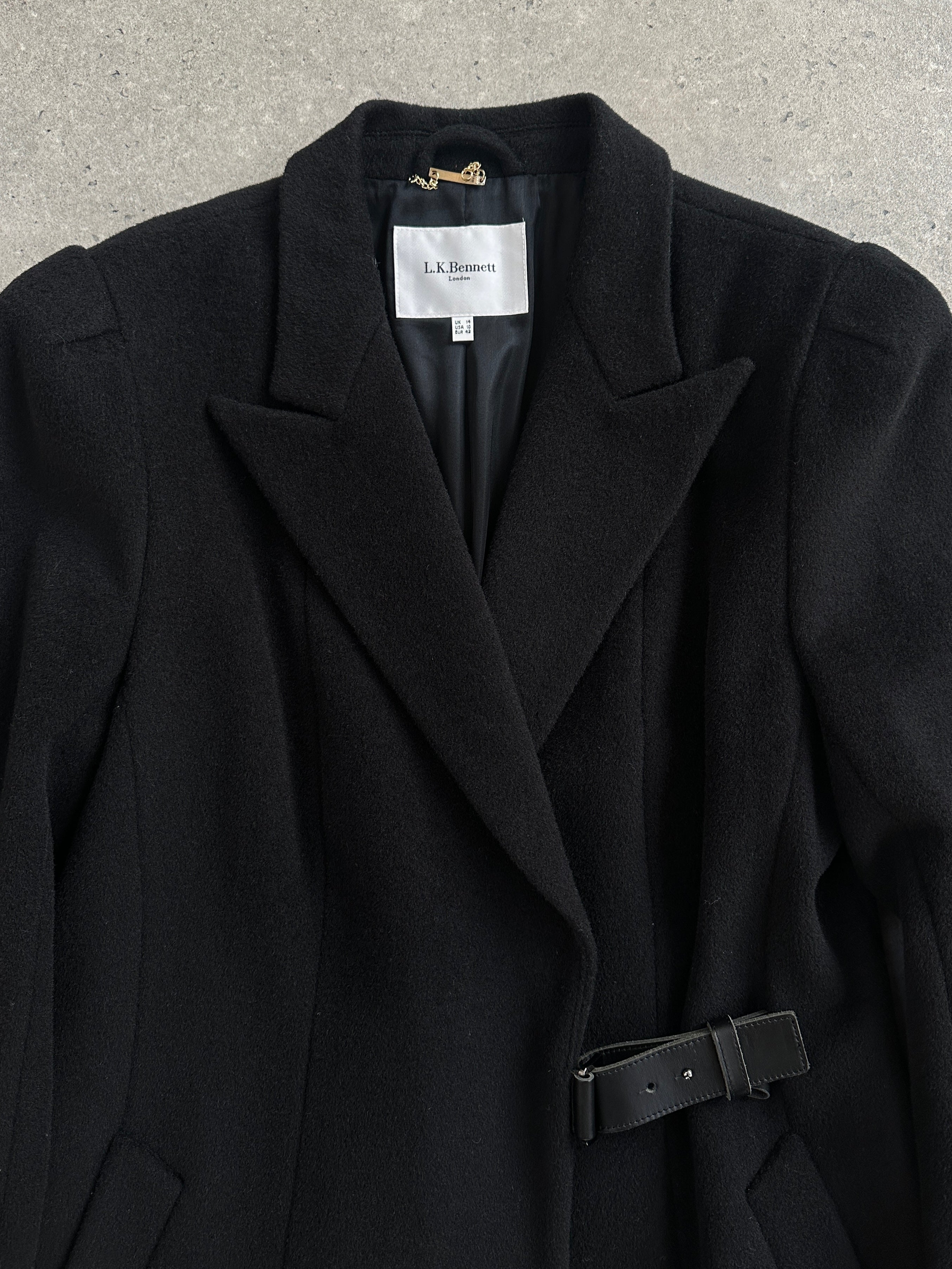 L.K. Bennett pure wool minimal wrap coat in size M, featuring a sleek design and neutral color, suitable for stylish winter wear.