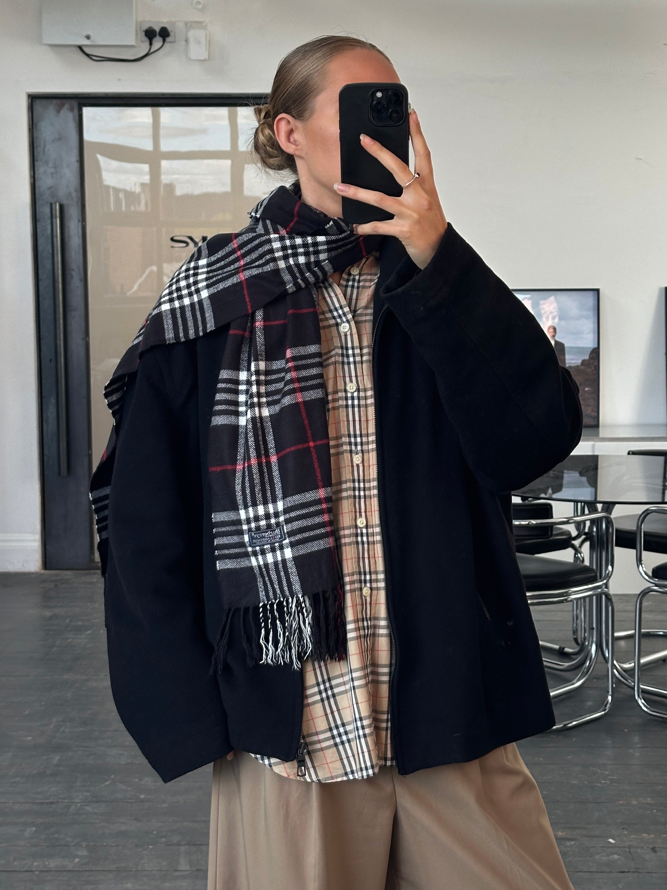 Vintage 1990s brushed wool cashmere jacket, XL size, with classic design and soft texture, displayed on a hanger.