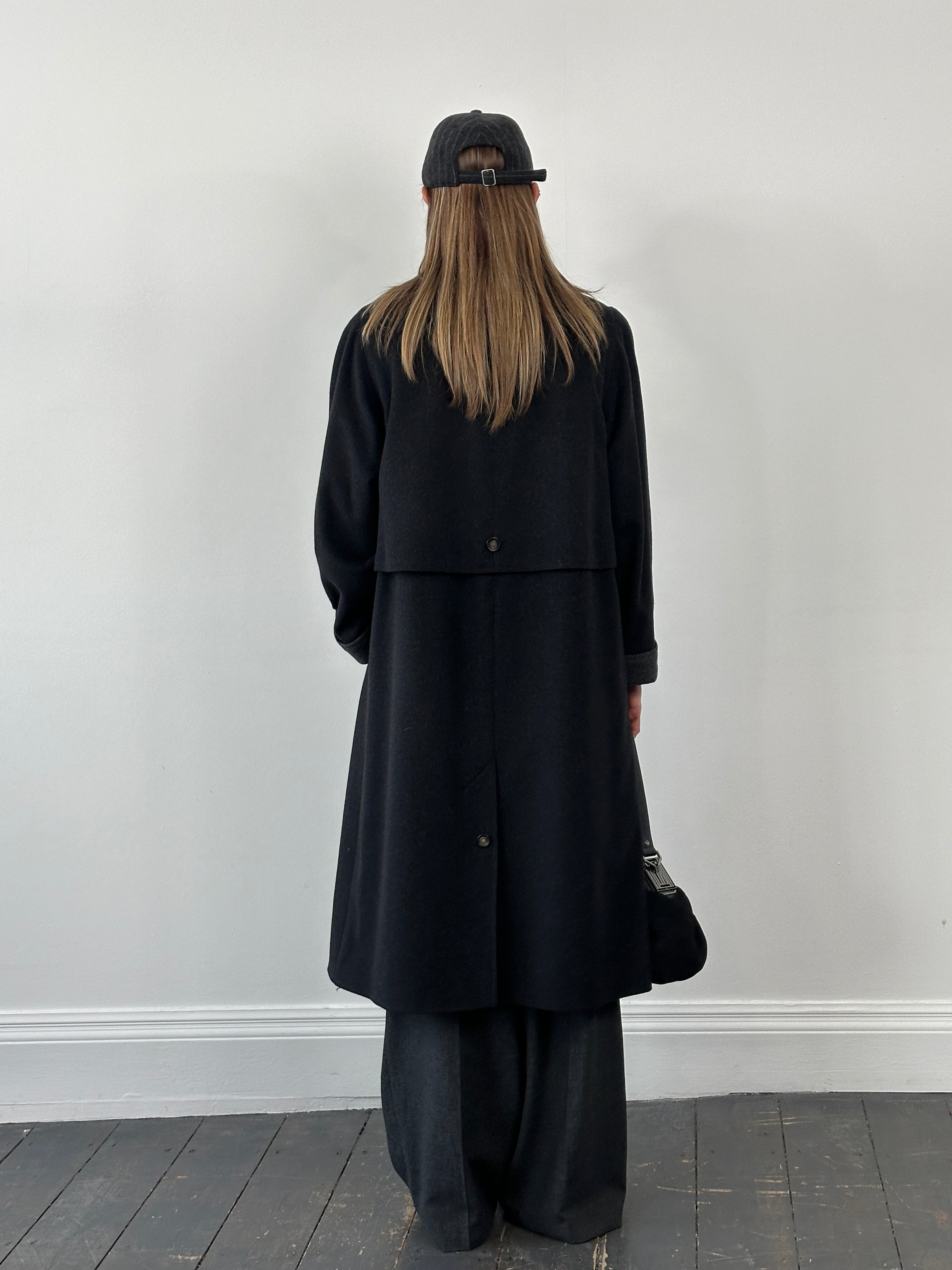 Vintage 1990s wool coat with concealed placket, size large, showcasing classic style and warm, textured fabric.