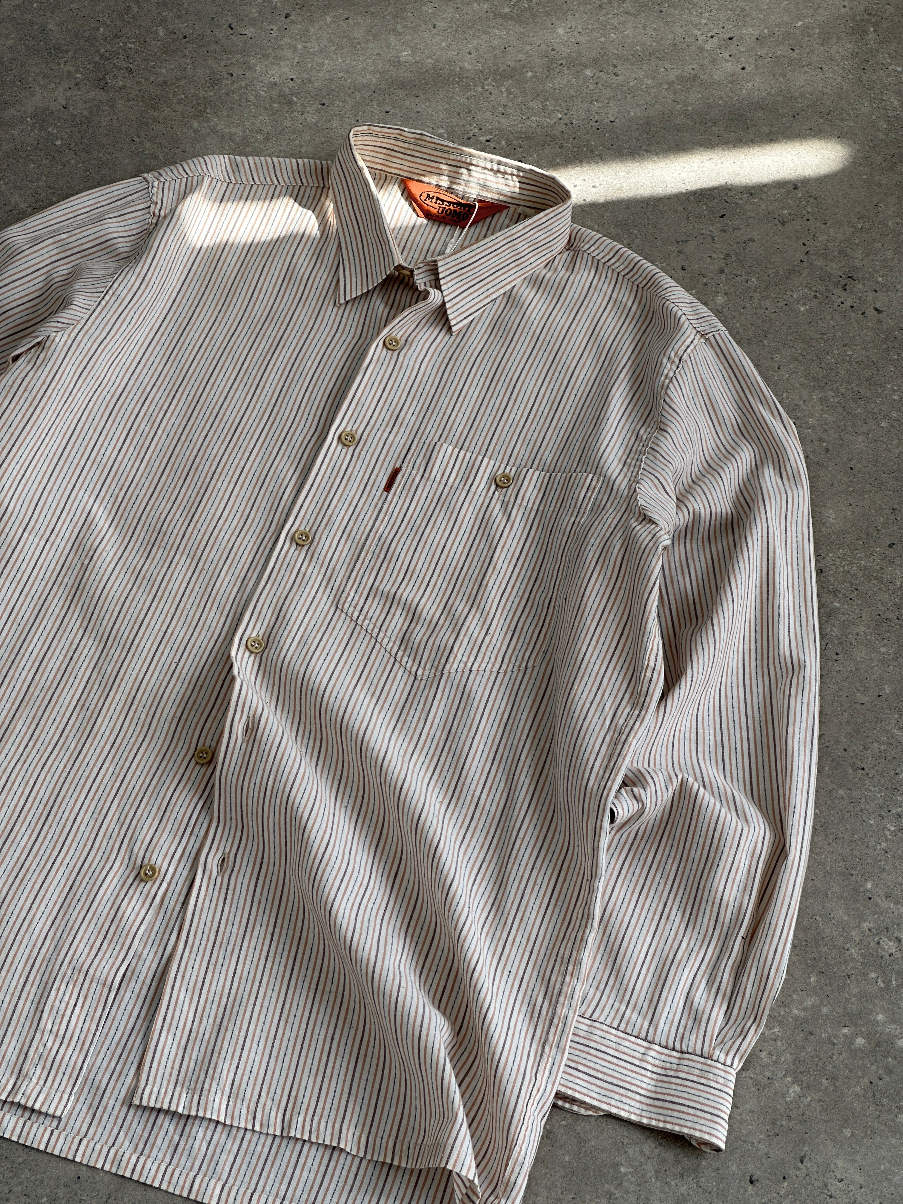 Missoni 90s cotton stripe shirt in size L/XL, featuring colorful horizontal stripes and a classic button-up design.