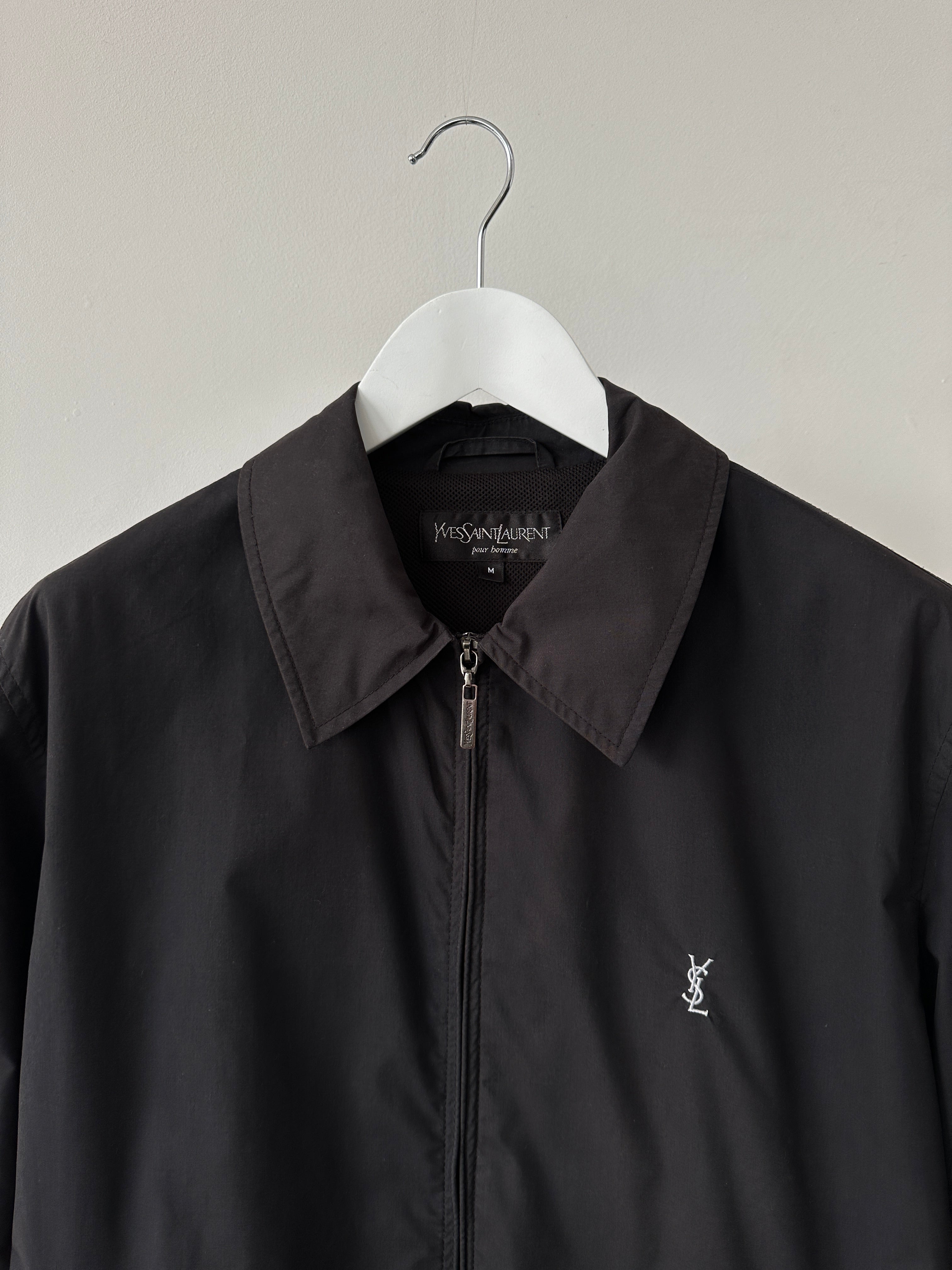 Yves Saint Laurent Pour Homme cotton logo bomber jacket in black, featuring the brand's signature branding and classic bomber style.