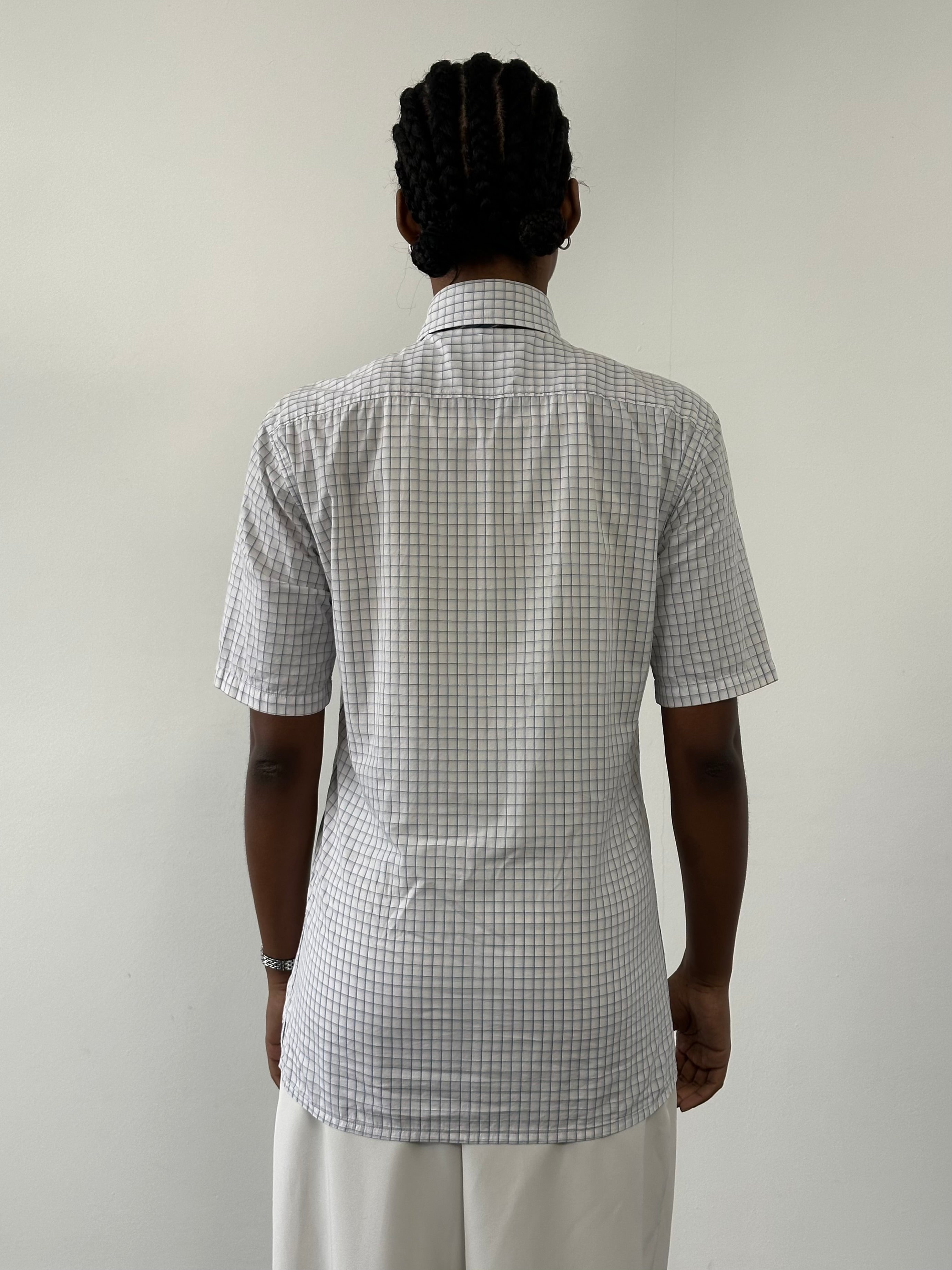Yves Saint Laurent Pour Homme 1990s short sleeve check cotton shirt in white and navy, size S, with classic collar and button front.