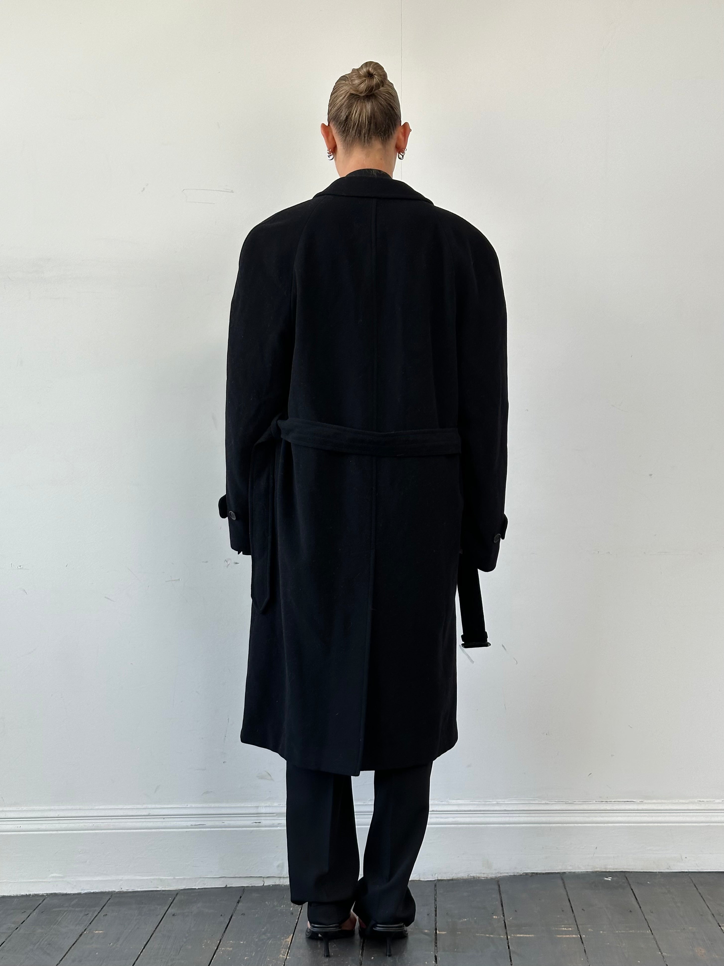 Giorgio Armani Le Collezioni XXL belted wool coat, front view showing classic design, tailored fit, and belt detail.