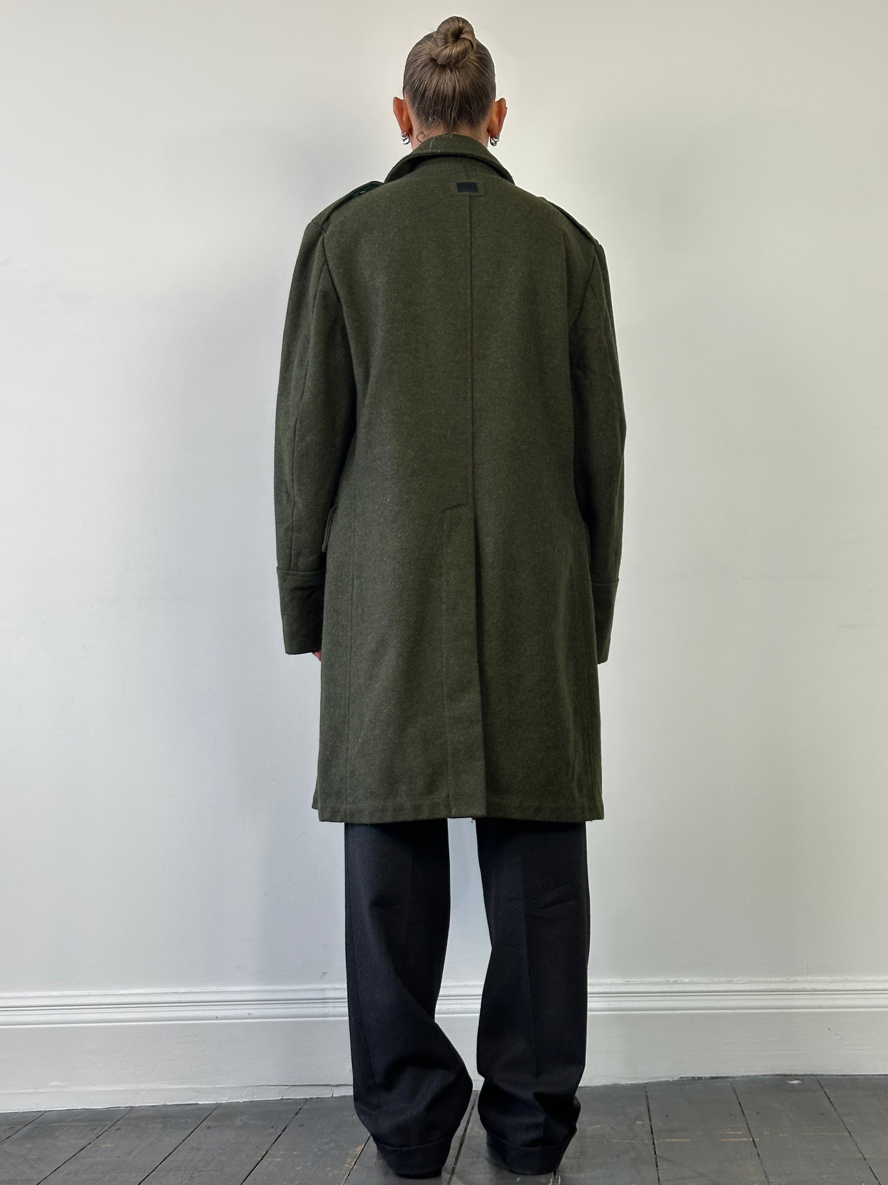 Dolce & Gabbana 1990s wool double-breasted coat in size L/XL, beige with classic lapel collar and button details.