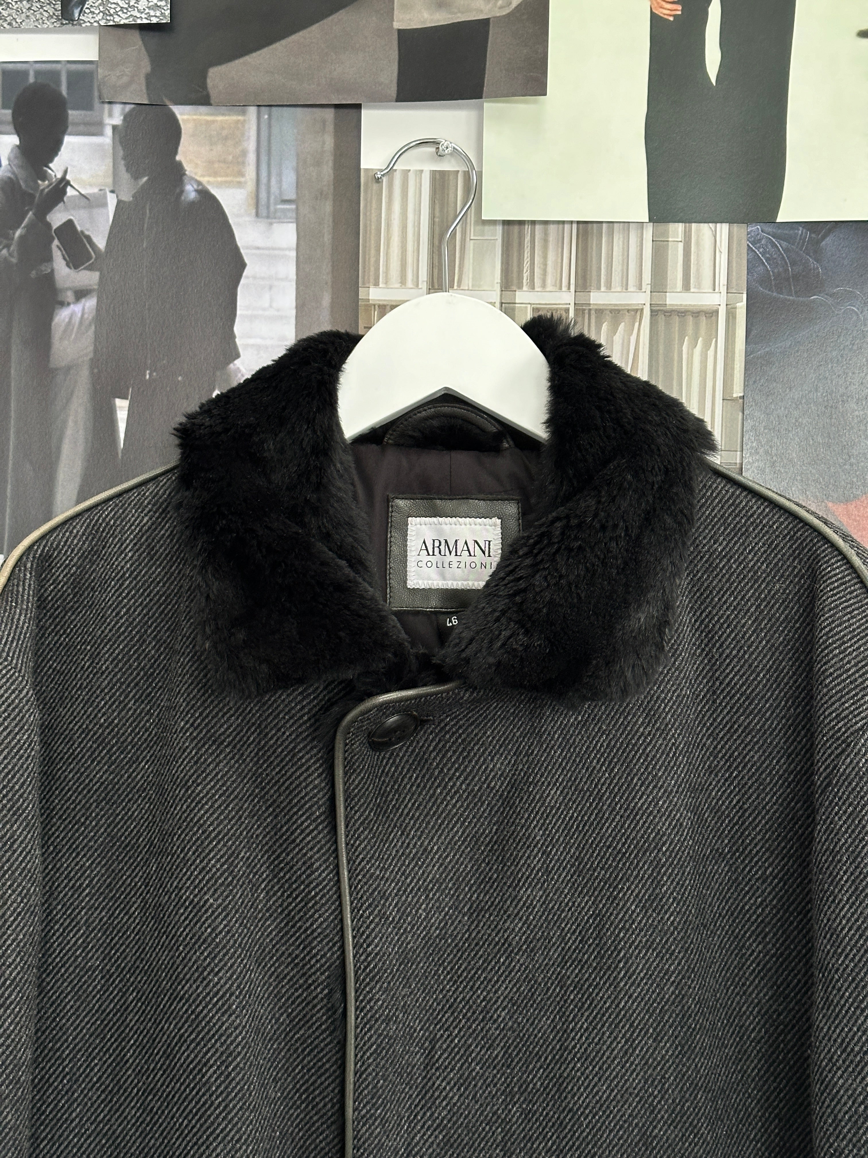 Armani Collezioni 2000s wool coat with fur collar, size L, featuring classic tailored design and luxurious fabric.