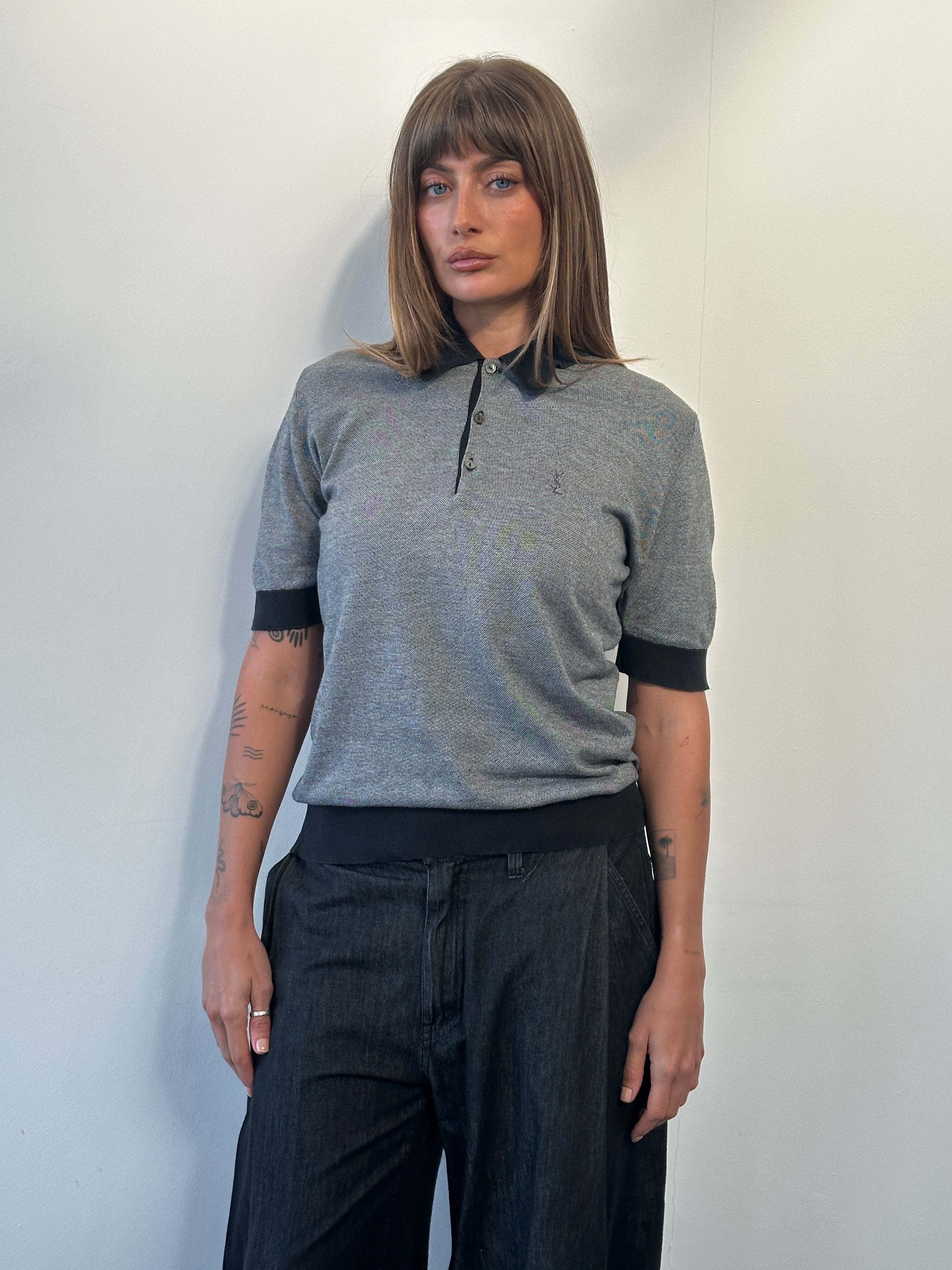 Yves Saint Laurent 1990s cotton polo shirt in size M with logo, featuring a classic collar and short sleeves, white color.