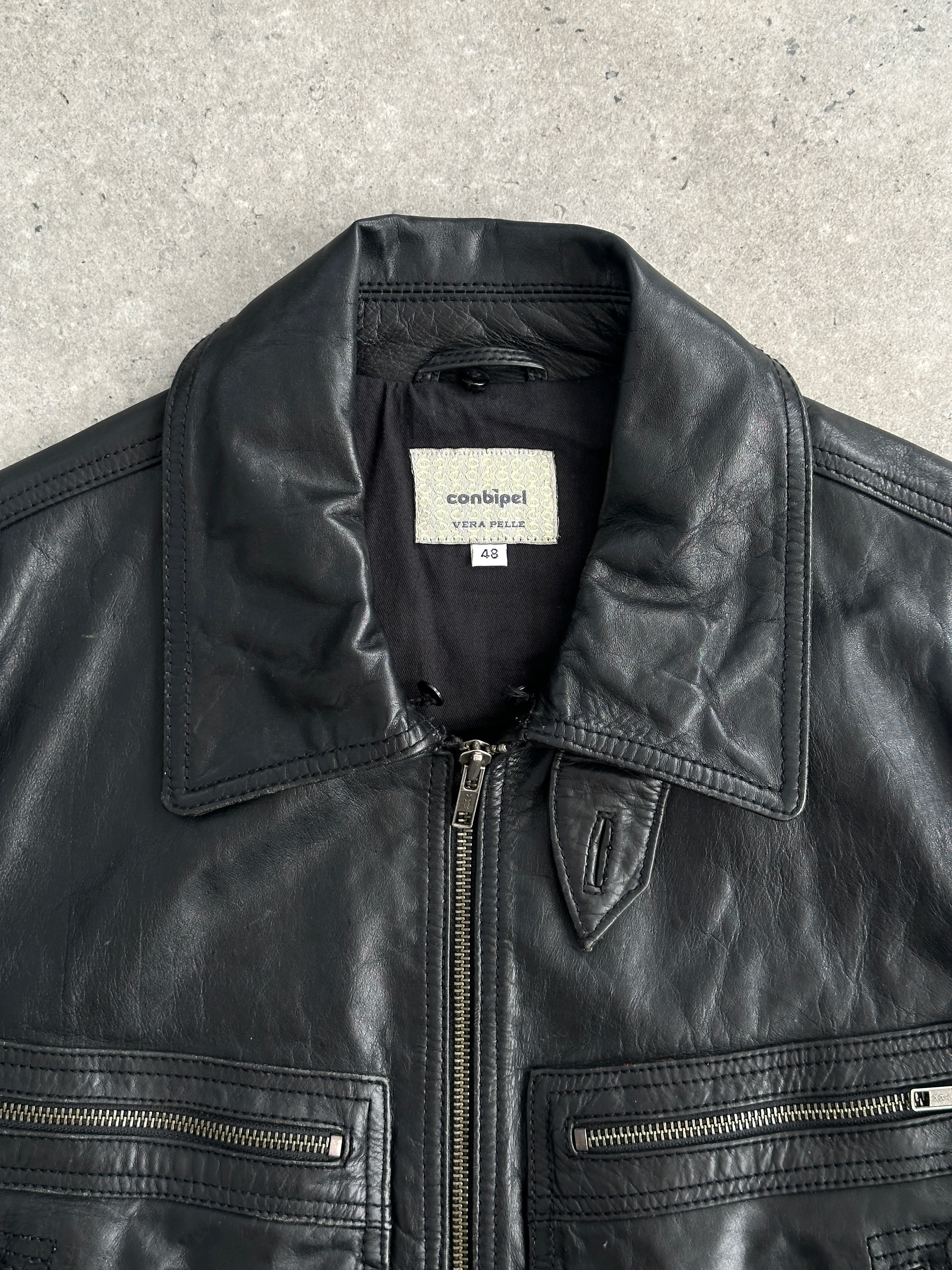 Conbipel high neck leather jacket in black, front view showcasing smooth leather and high collar design.