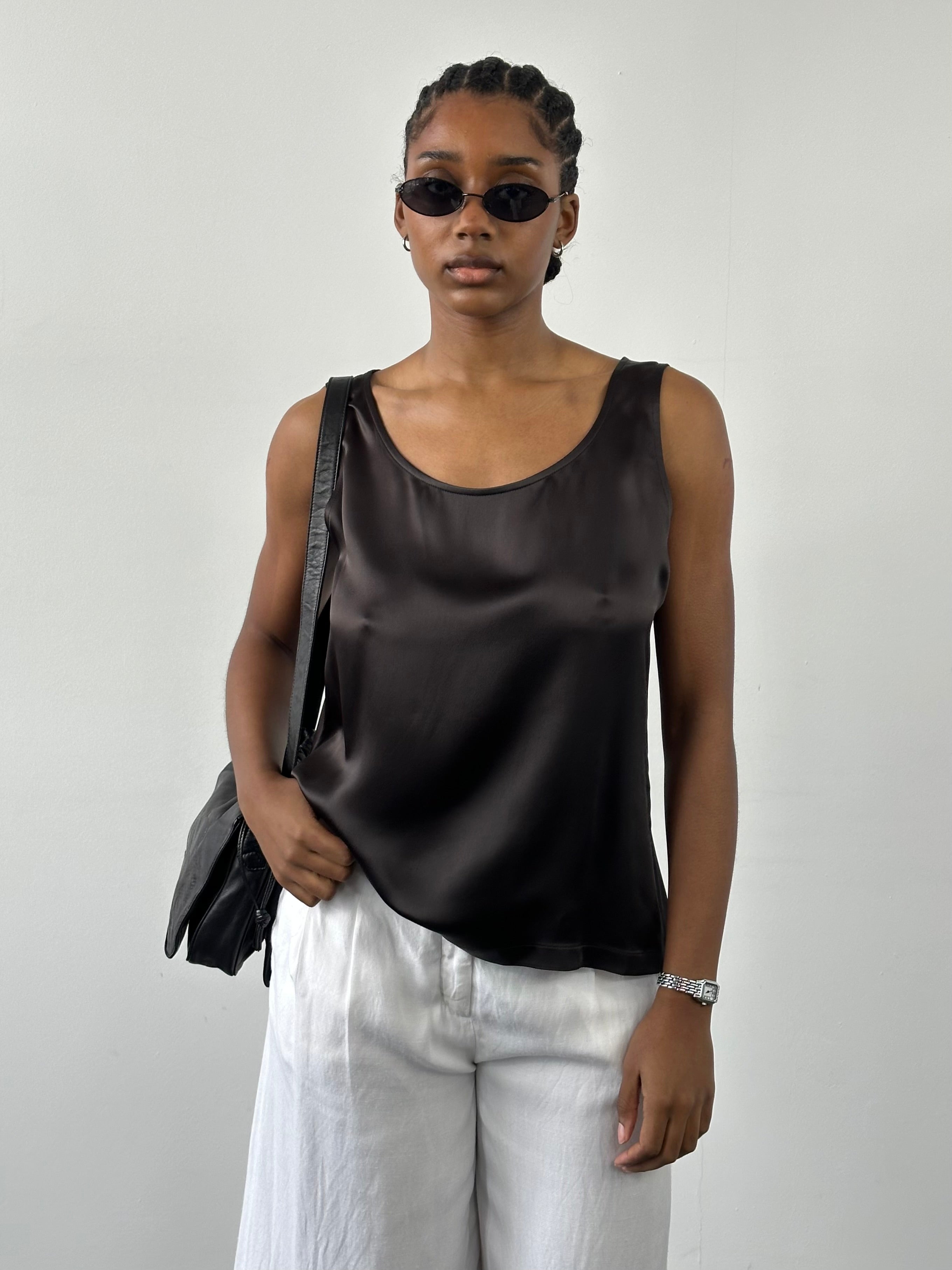 Gianfranco Ferré Studio 1990s satin sleeveless top in black, with a fitted design and elegant neckline.