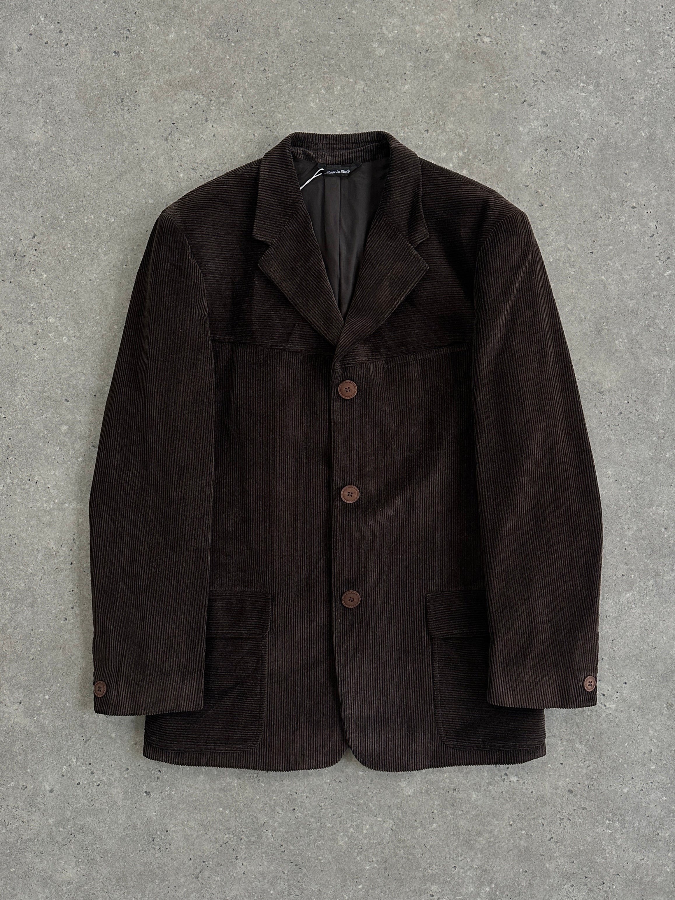 Versace pure cotton corduroy blazer in size 40L, single-breasted design with classic lapel and tailored fit.