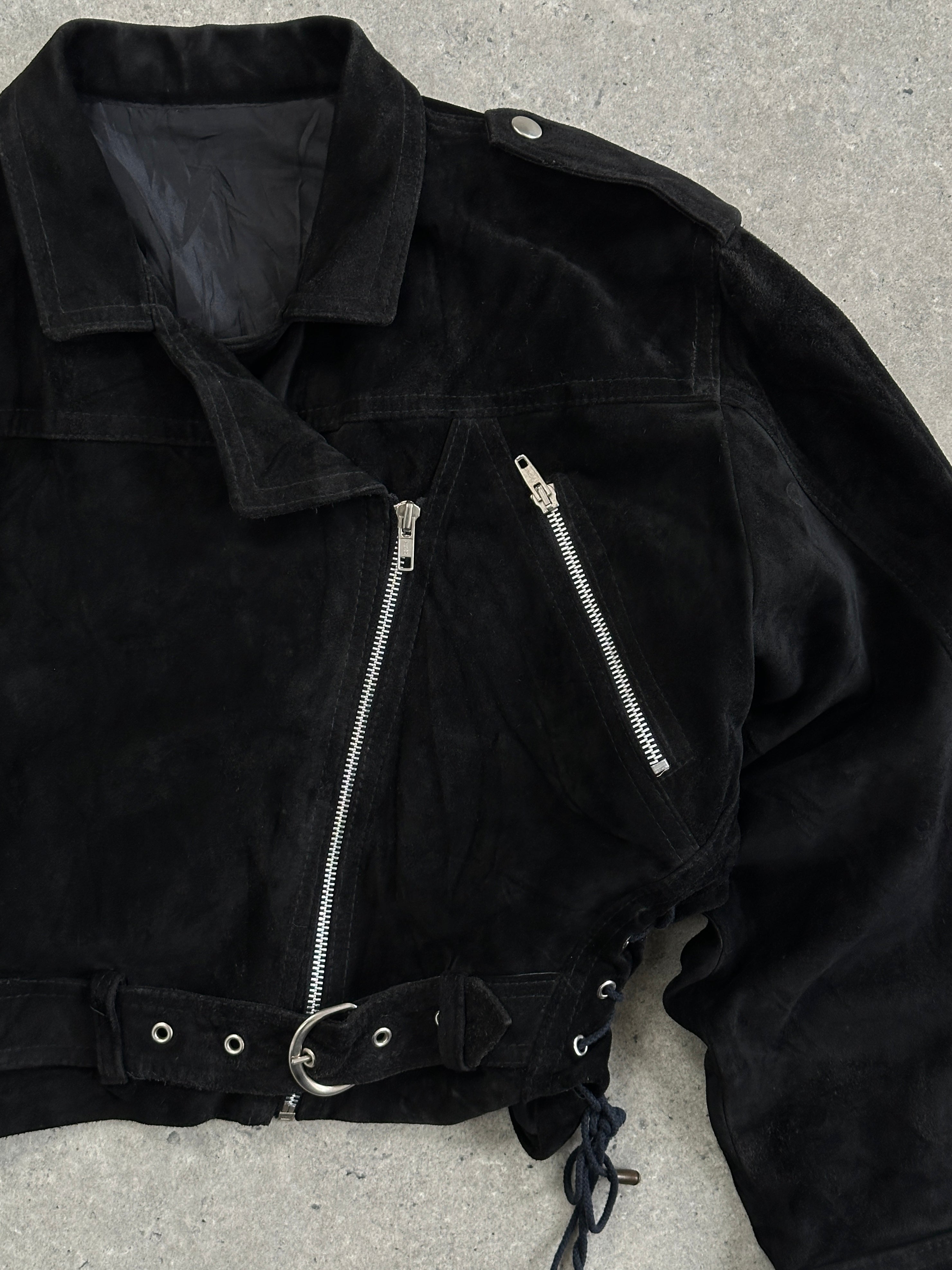 French vintage 1980s suede cropped biker leather jacket, S/M, with classic design and textured suede finish.