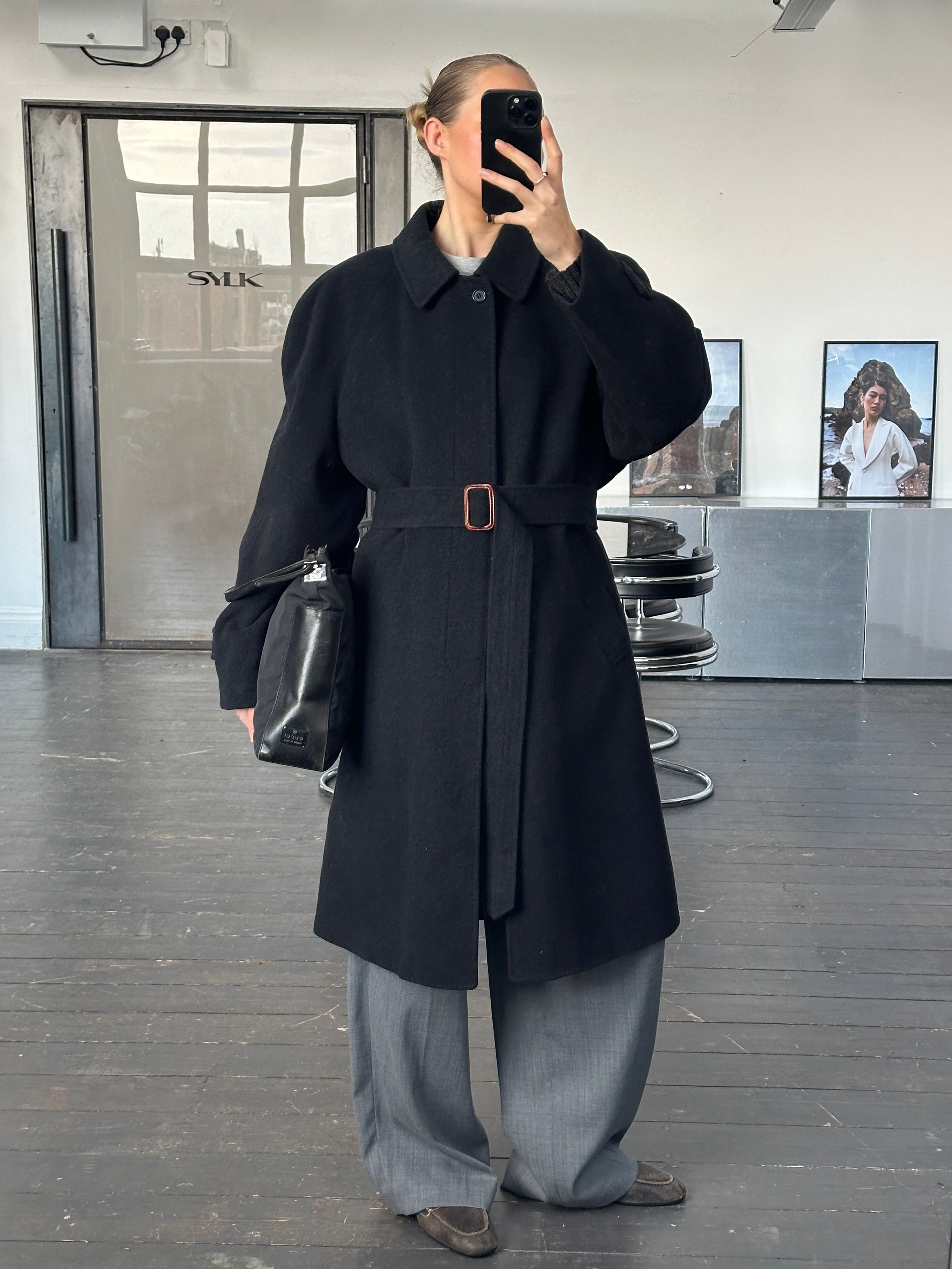 Vintage Italian 1990s wool cashmere belted coat, oversized XXL size, with classic design and textured fabric.