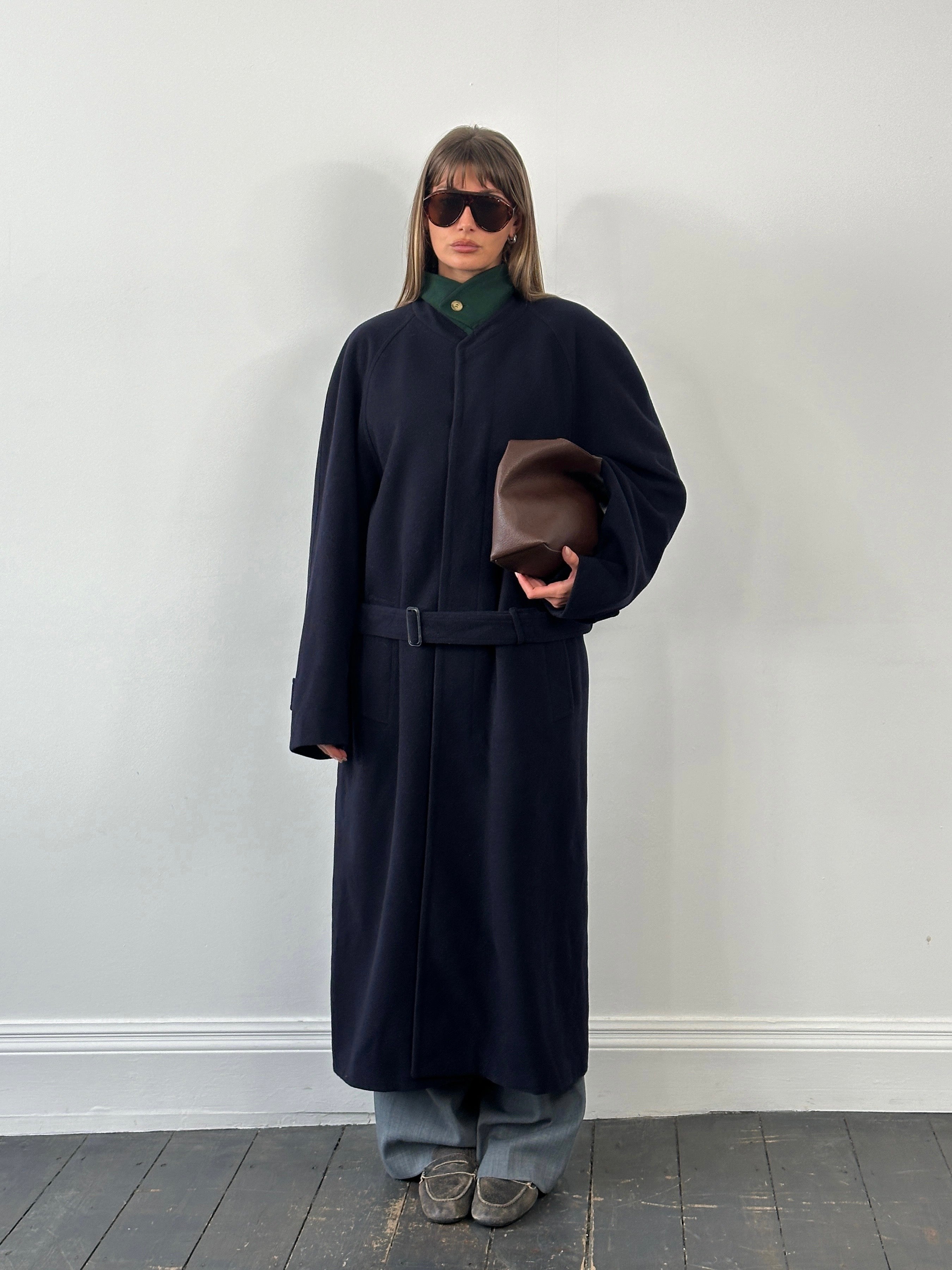 Vintage 1990s pure wool high neck belted coat in XXL, showcasing a classic vintage style with a high neckline and waist belt.