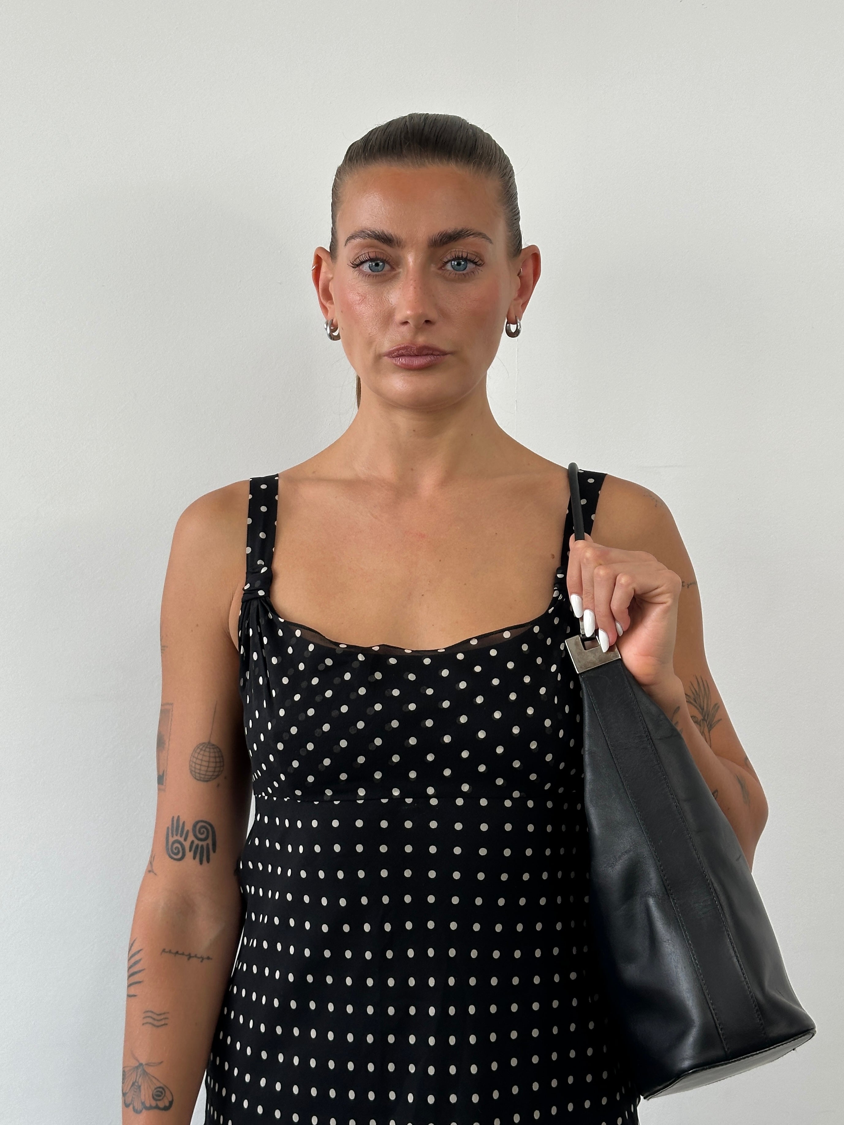 Max Mara Pianoforte 1990s pure silk polka dot asymmetric midi dress, S/M, featuring a stylish and elegant design.