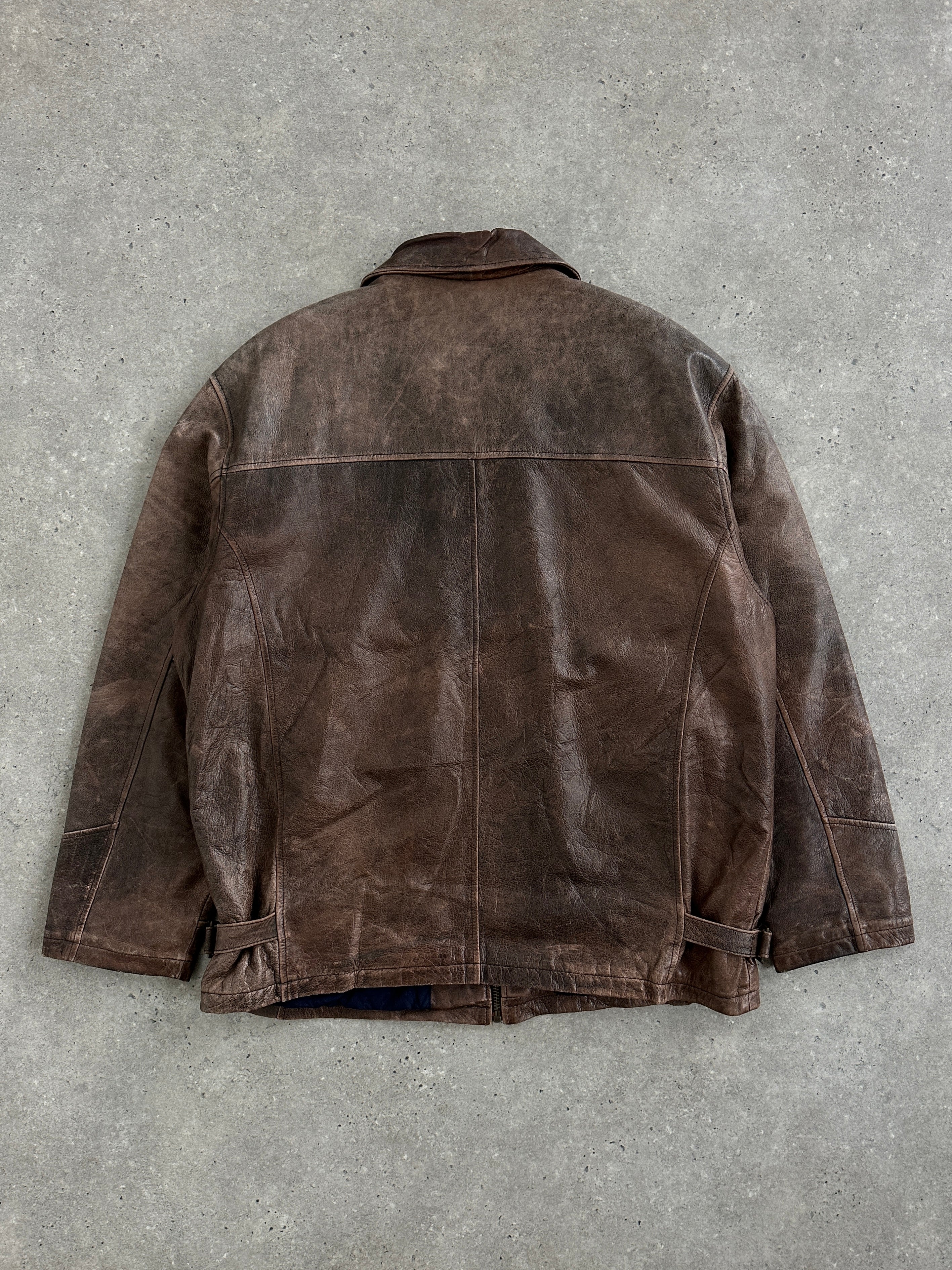 Vintage 1990s aged leather jacket in XL, featuring classic design and distressed leather texture.