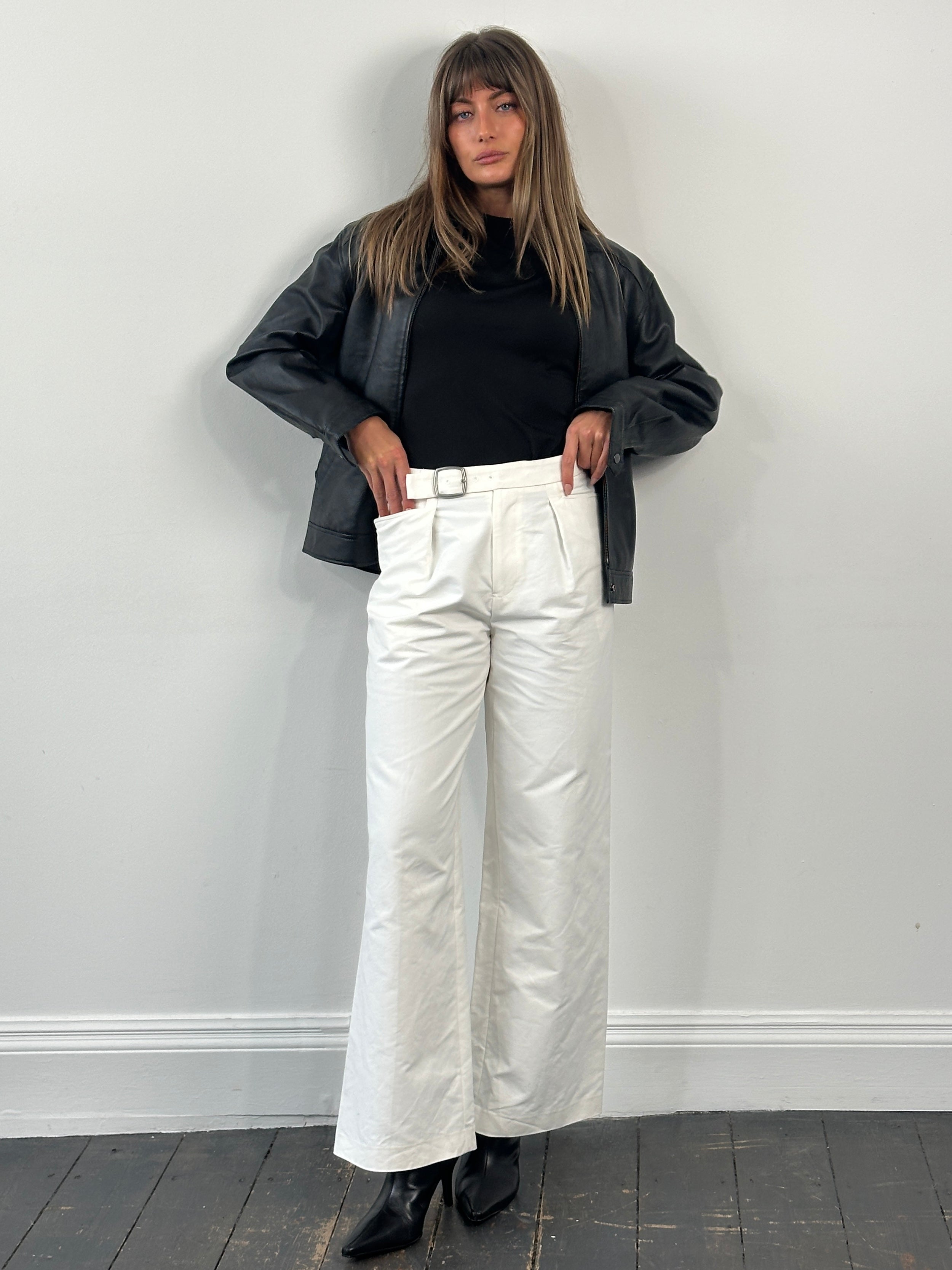 Jil Sander AW23 pure cotton wide leg trousers in W28, shown flat with a focus on the relaxed fit and fabric texture.