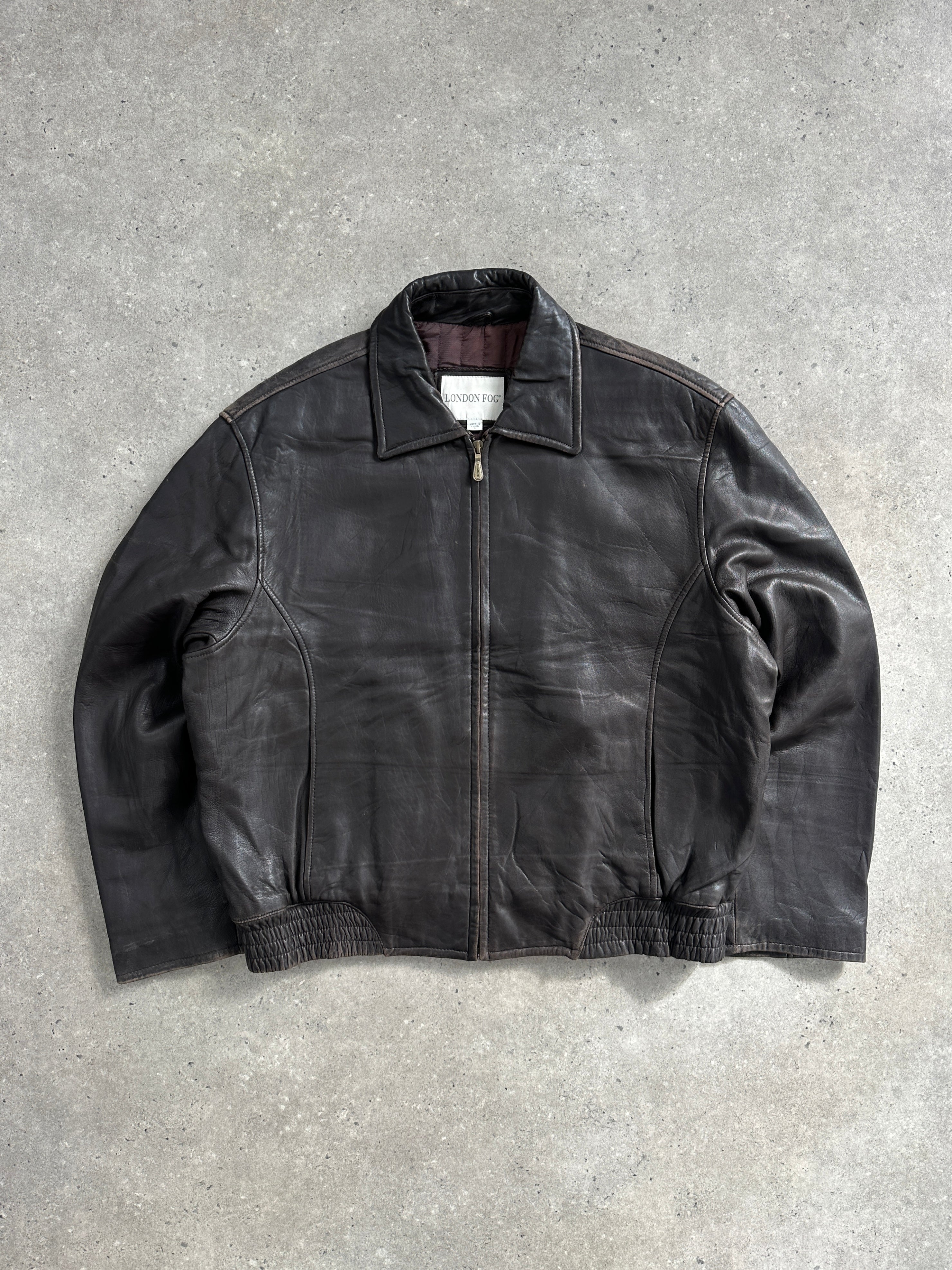 London Fog 1990s distressed leather jacket, men's size L, featuring rugged, vintage-style brown leather with classic collar and zip closure.