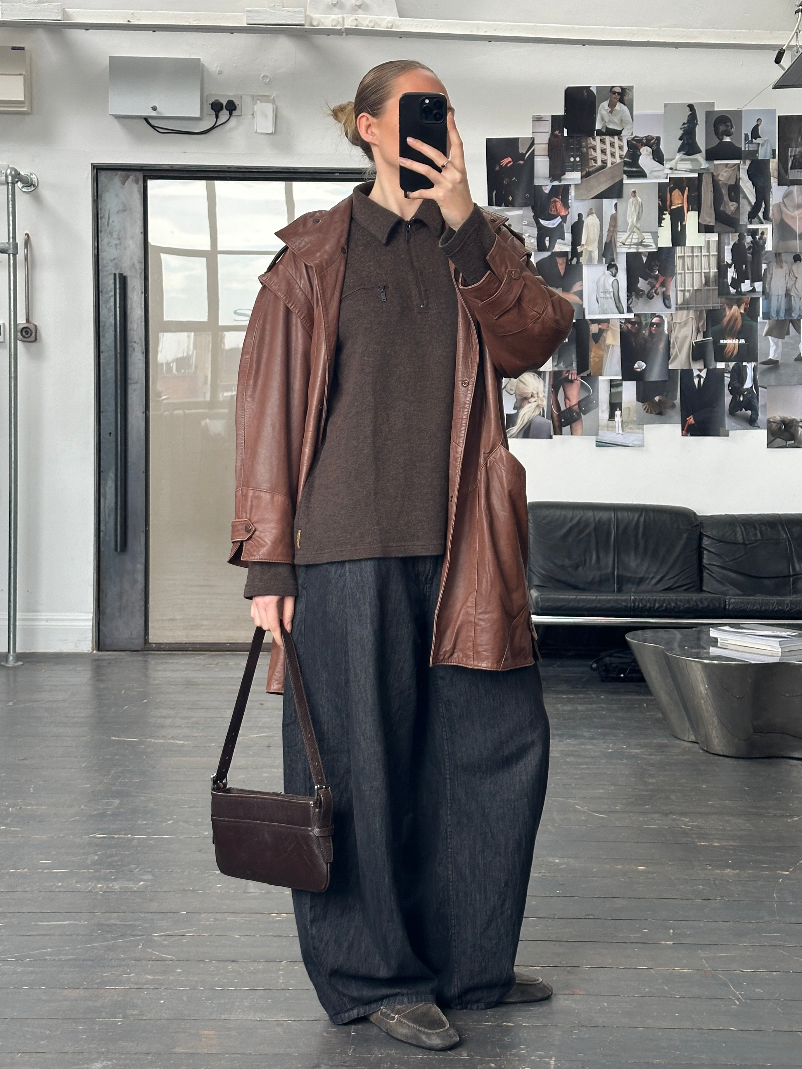 Vintage 1990s Leather High Neck Trench Coat - L - SYLK