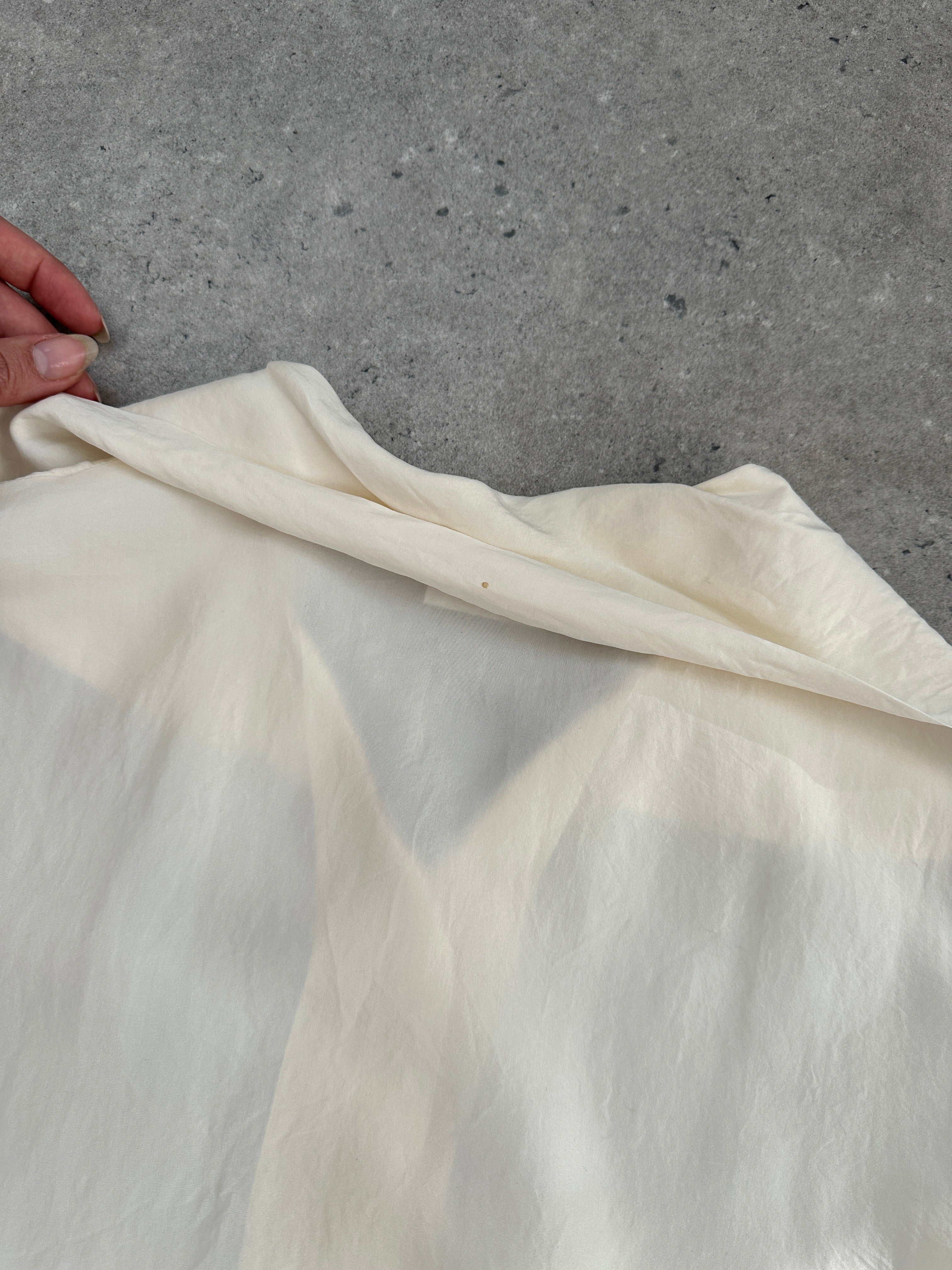Vintage pure silk side split shirt in XL, showcasing a soft, flowing fabric with a classic collar and stylish split design.