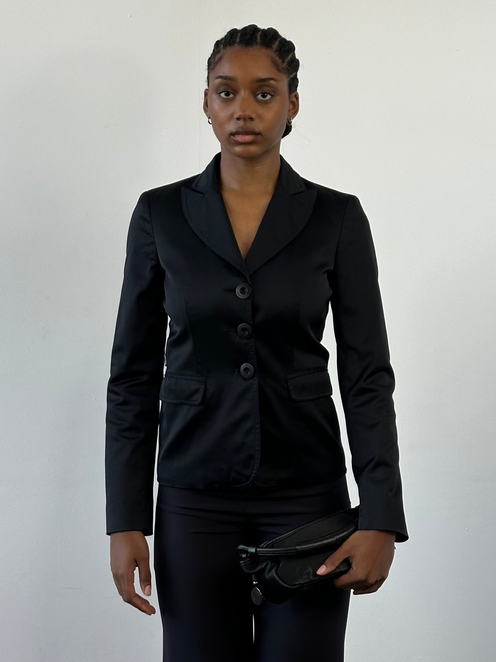 Moschino 2000s Dagger Collar cotton fitted blazer in XS, shown in black with structured design and stylish lapel details.