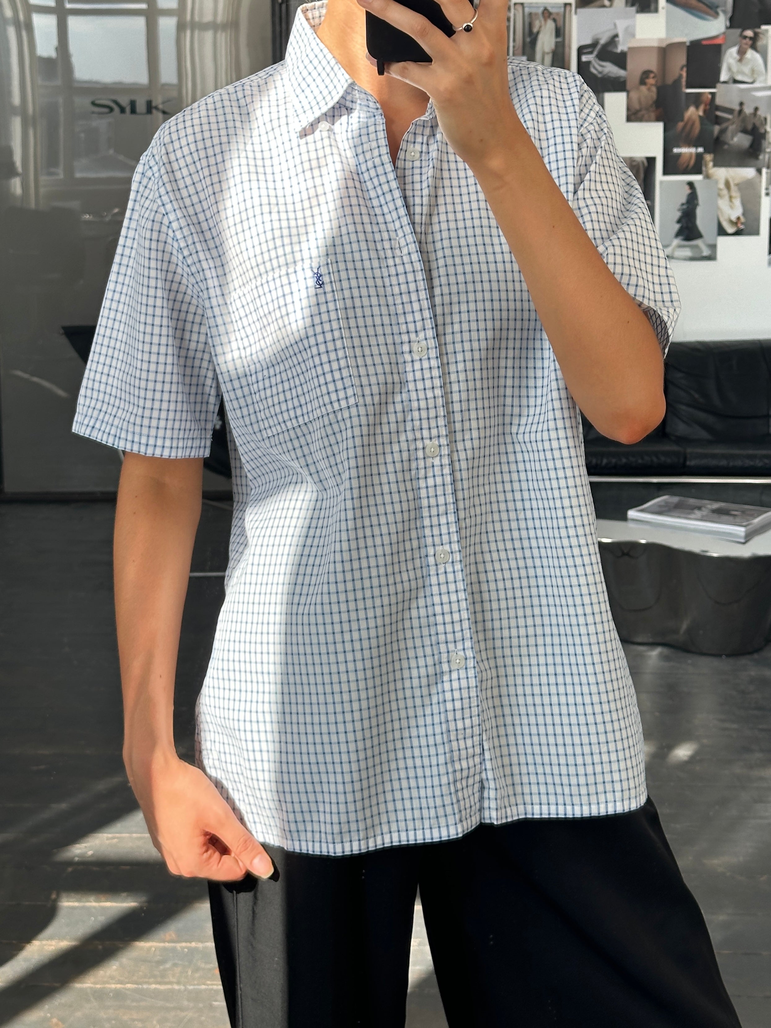 Yves Saint Laurent Pour Homme check cotton short sleeve logo shirt in size L, featuring a classic pattern and brand logo.
