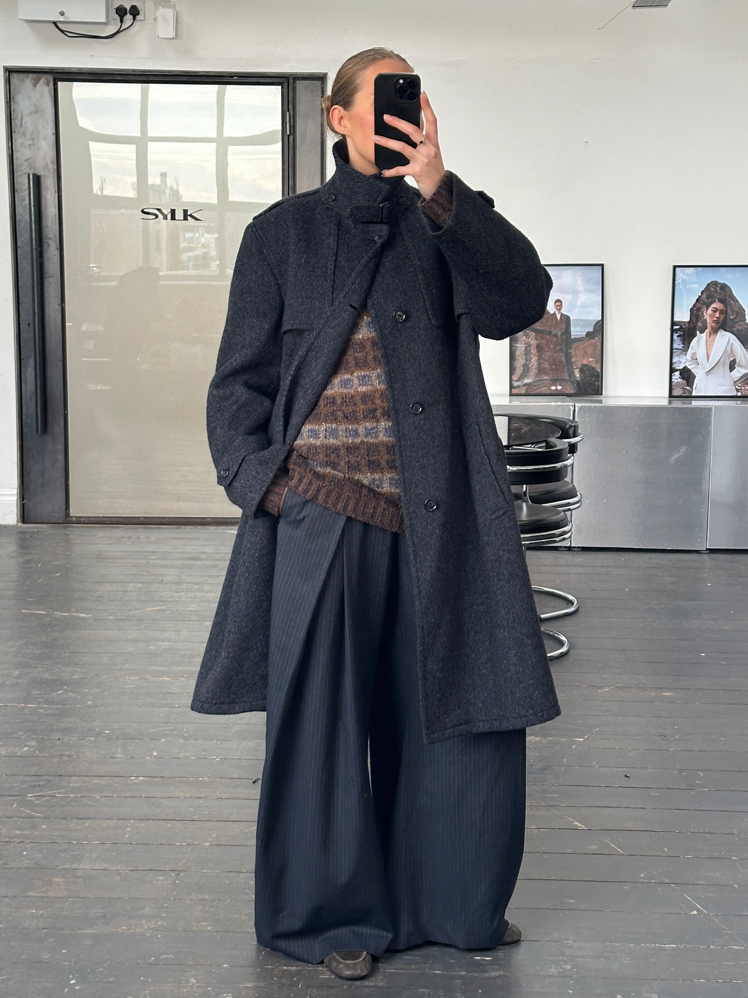 Vintage 1990s pure brushed wool high neck belted coat in XL, showcasing a classic vintage coat style with a high collar and belt.