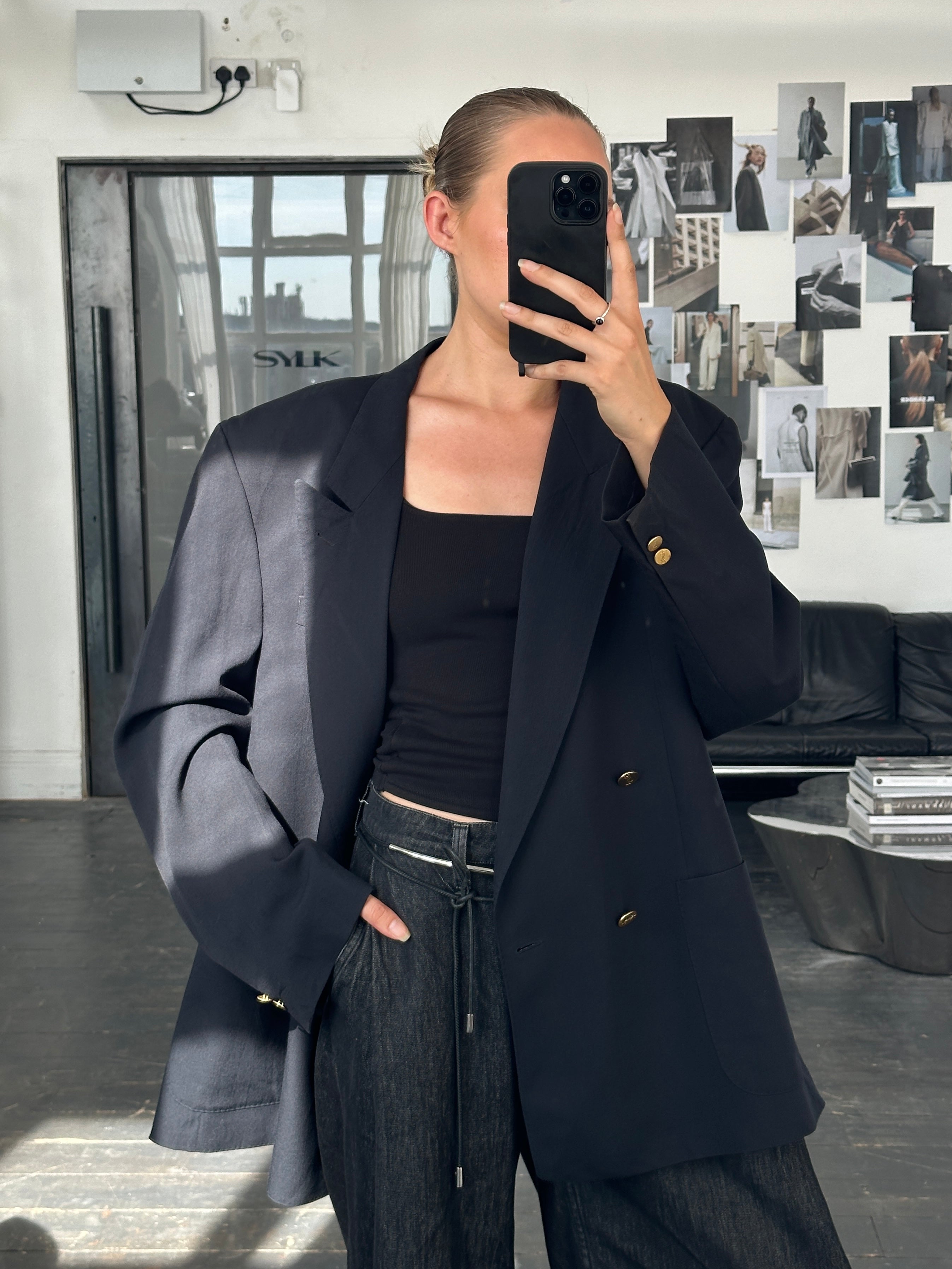 Yves Saint Laurent 1980s bespoke double-breasted blazer in size 46R/XXL, navy fabric with gold buttons and tailored fit.