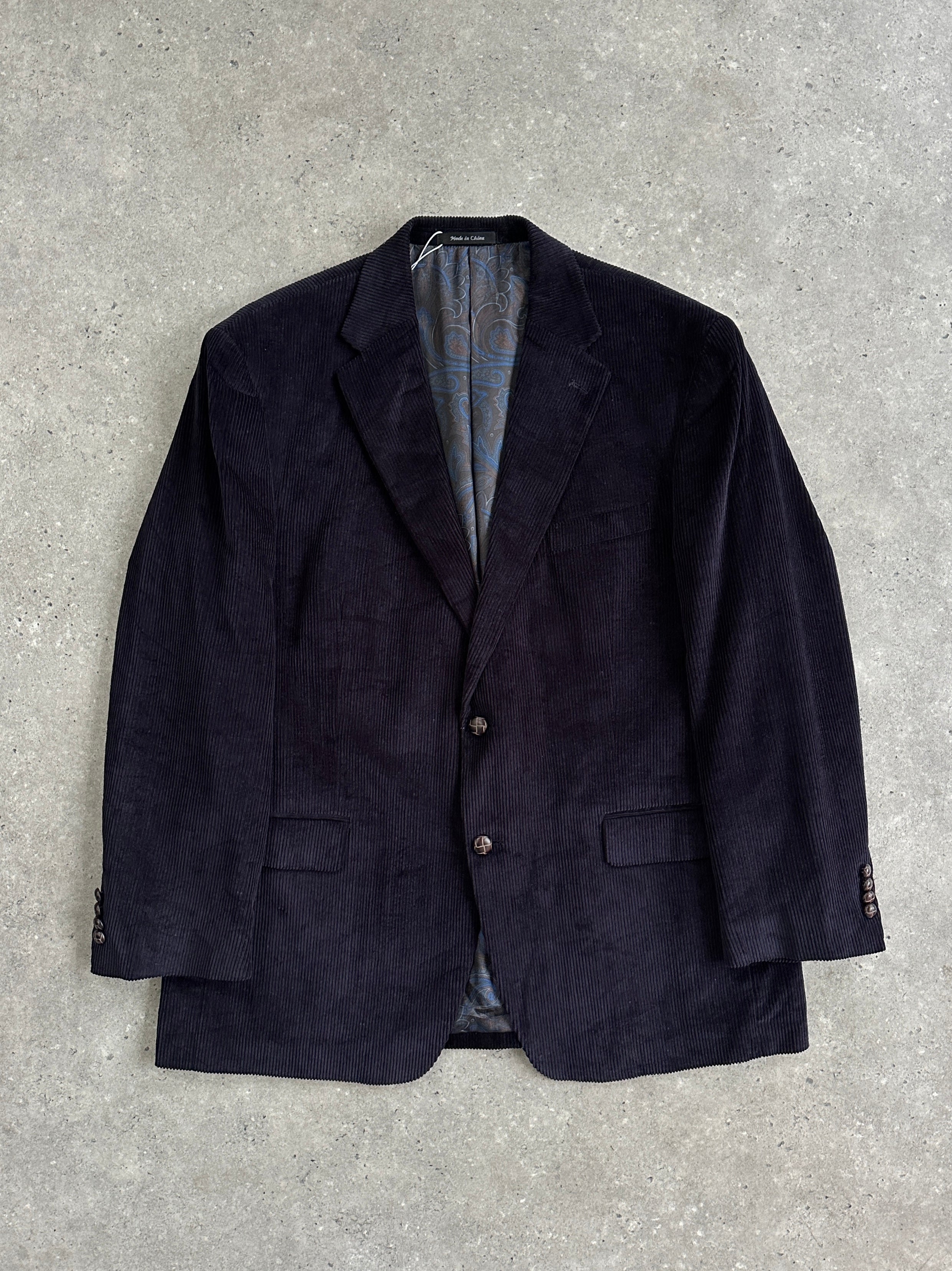 Ralph Lauren 1990s corduroy single-breasted blazer in navy, size 44R/XL, with notch lapel and button closure.