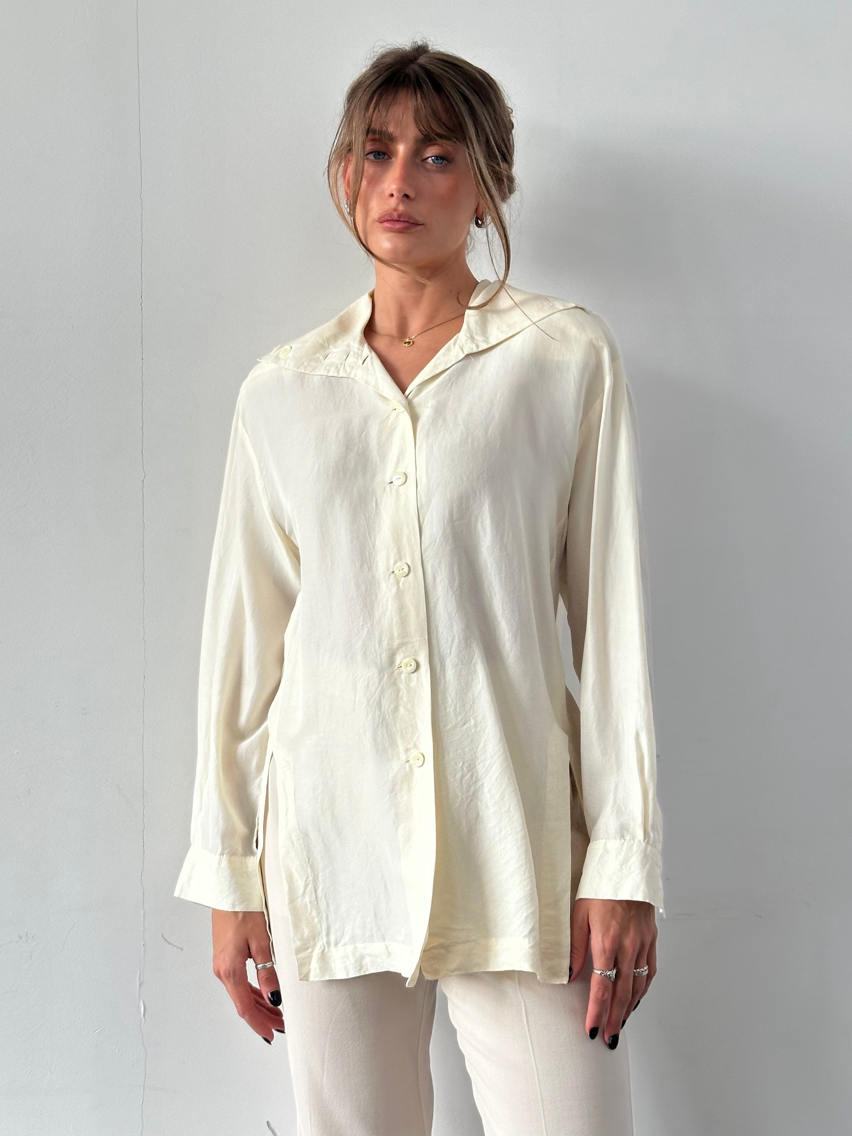 Vintage pure silk side split shirt in XL, featuring a flowing design and elegant collar, displayed on a hanger.