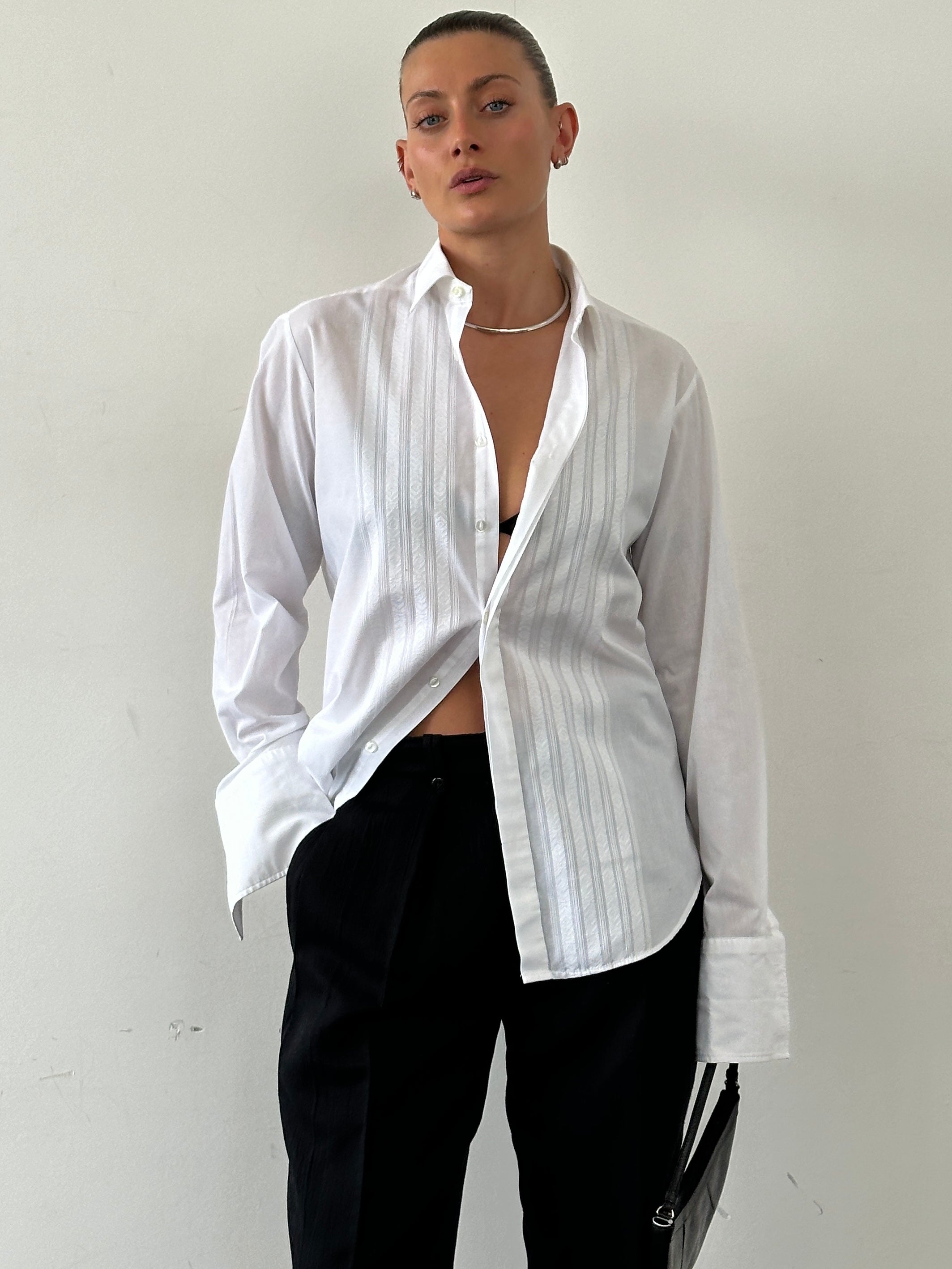 St Michael British circa 90s cotton tuxedo dress shirt, size large, with classic collar and button front, white fabric.