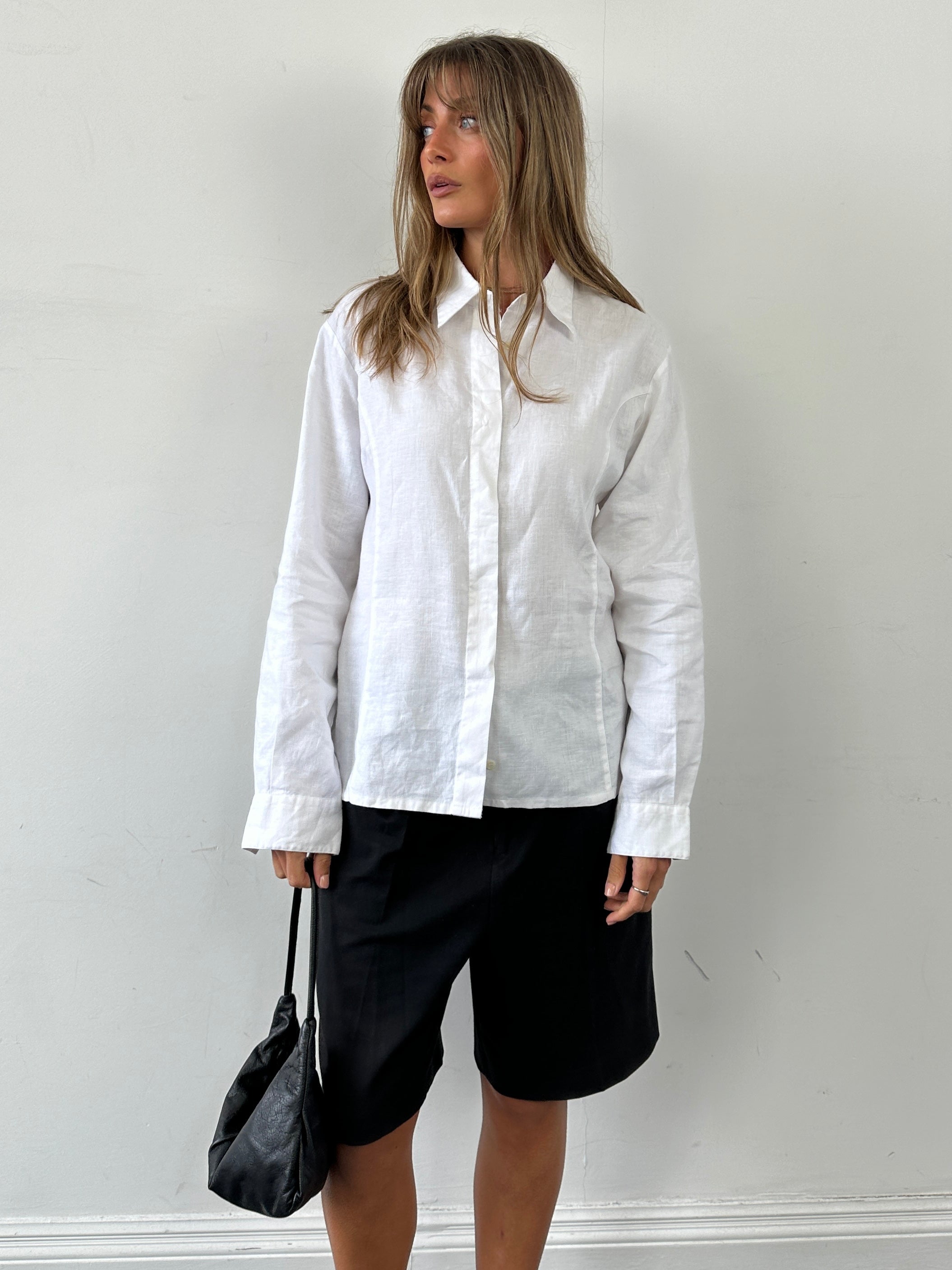 Vintage pure linen concealed placket shirt in size M, shown in natural fabric with a classic collar and button closure.